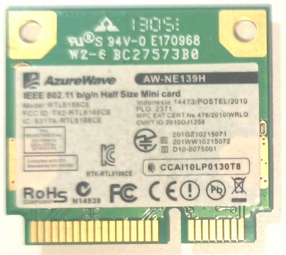 WIFI Kart - BluetoothAzureWave AW-NE139H RTL818BCE , E170968 ,  150Mbps  Wlan kablosuz Wifi Kartı  STOK:Z-64