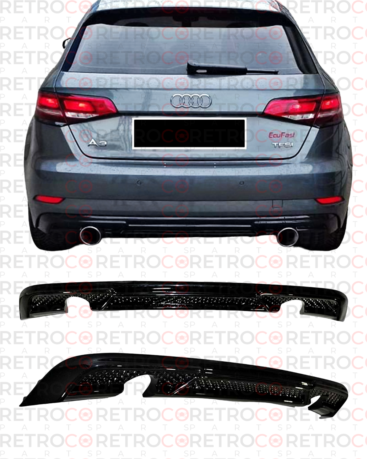 A3 8V FL S3 Rear Diffuser Left and Right Single Output Piano Black Vacuum  2017-2019 8V FL (2-4 door HB- Standart Tmp)