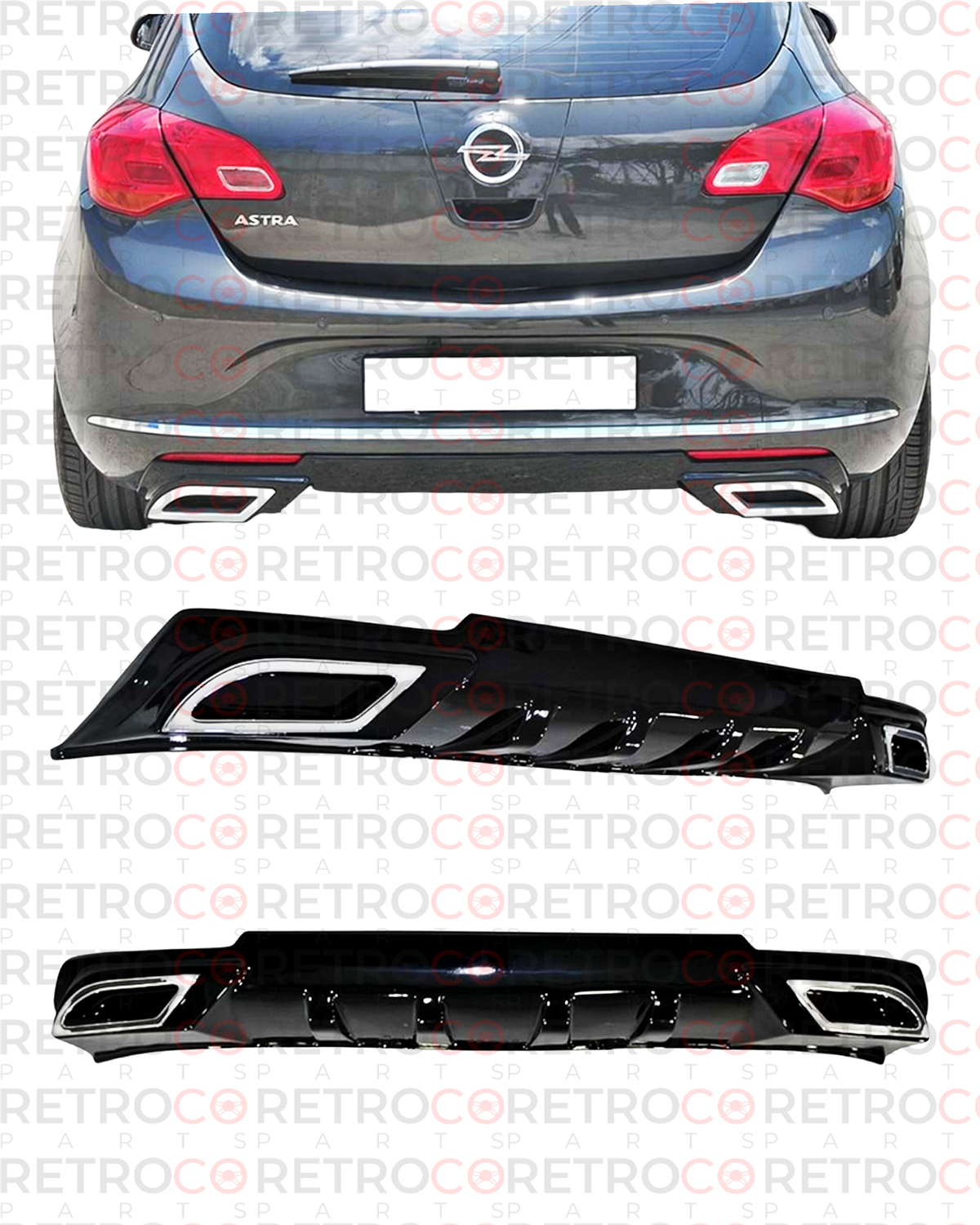 Astra J HB Sport Rear Diffuser + Chrome Exhaust Tips Piano Black Vacuum Plastic  2012-2015 ASTRA Astra J FL - HB