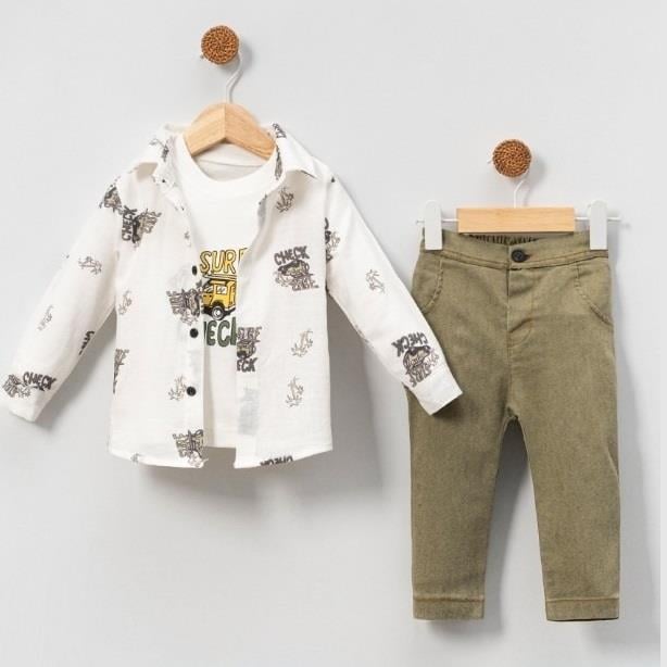 Araba Baskılı Erkek Bebek Kot Pantolonlu Üçlü Takım