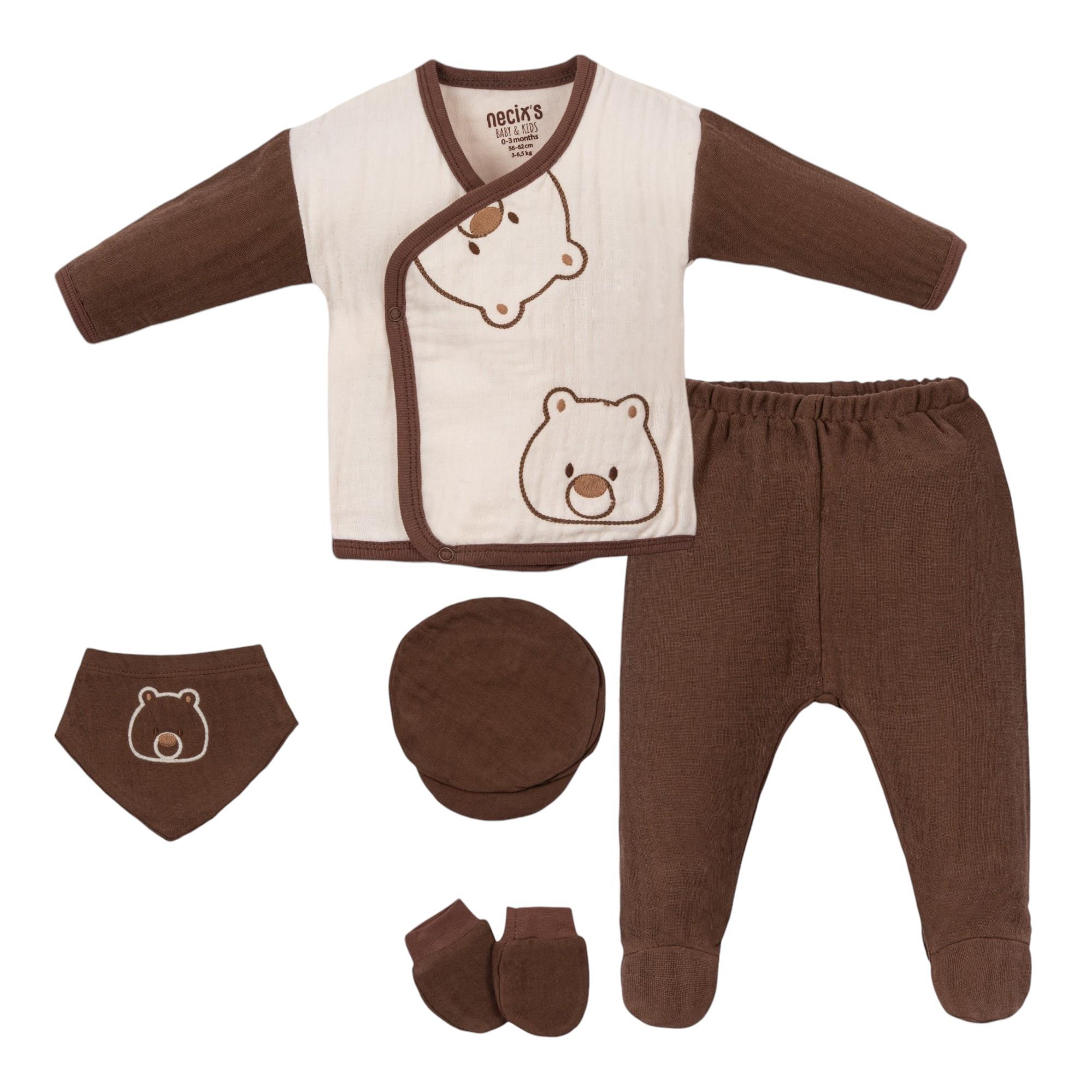 Ayı Desenli Müslin Erkek Bebek Hastane Çıkışı Beşli Set