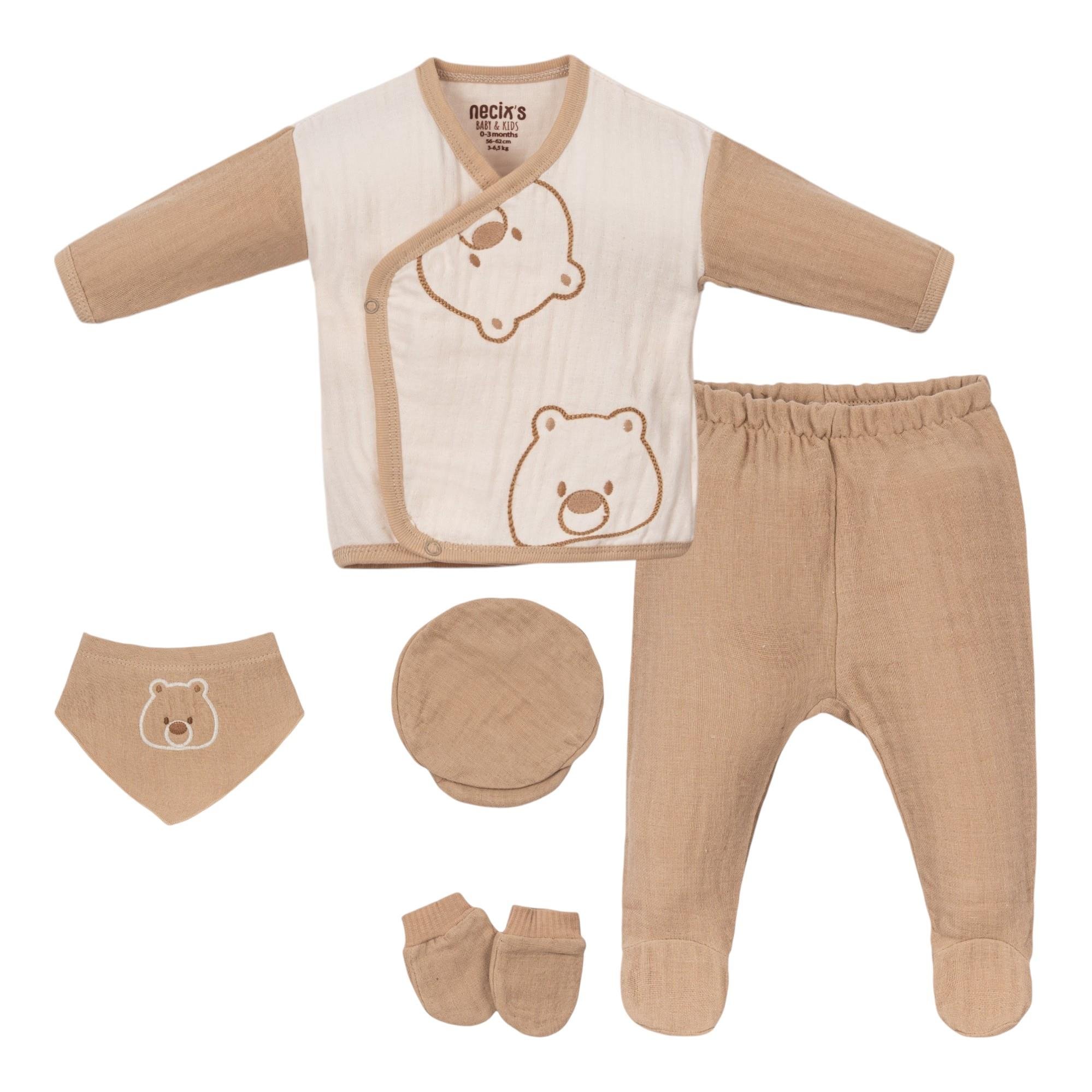 Ayı Desenli Müslin Erkek Bebek Hastane Çıkışı Beşli Set