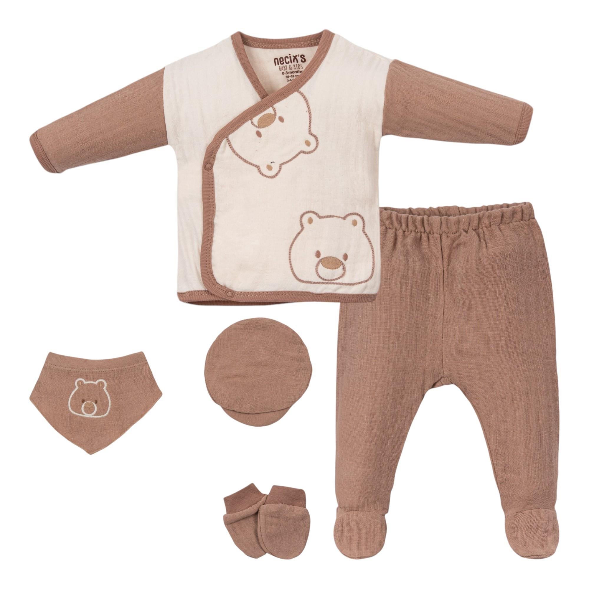 Ayı Desenli Müslin Erkek Bebek Hastane Çıkışı Beşli Set