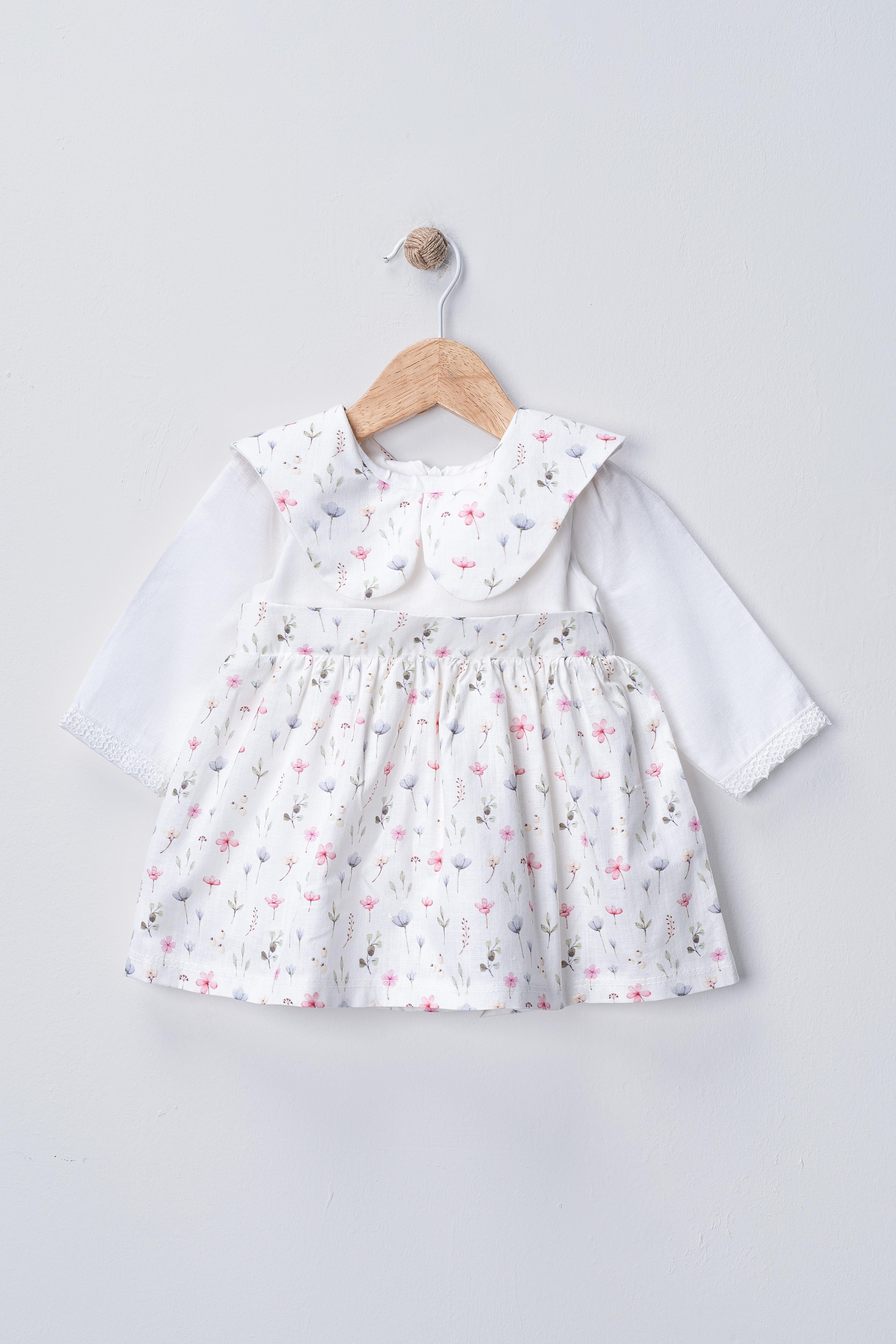 BEBEDEXS BEBE ÇİÇEKLİ FLAMLI KETEN ELBİSE 6-24 AY