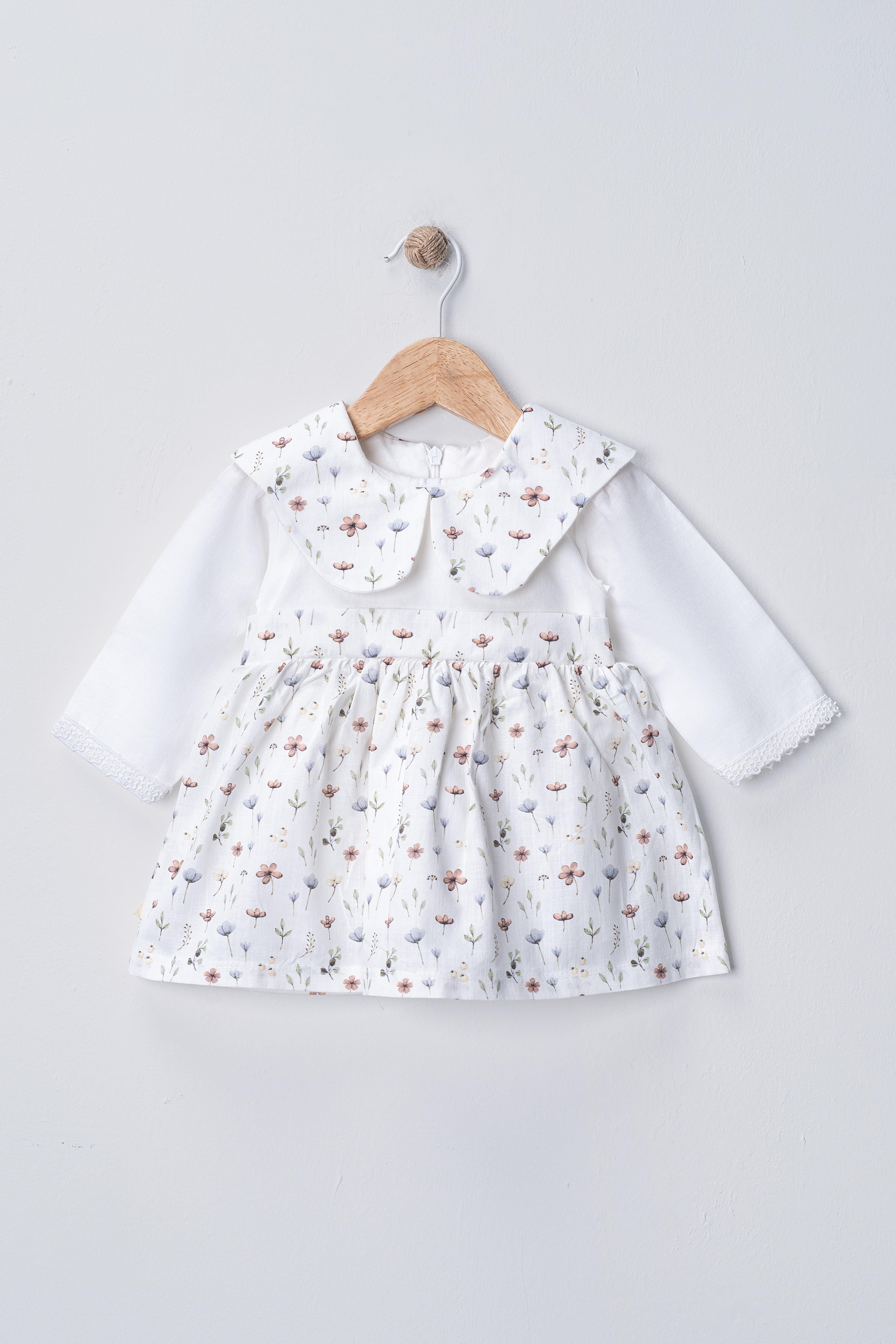 BEBEDEXS BEBE ÇİÇEKLİ FLAMLI KETEN ELBİSE 6-24 AY