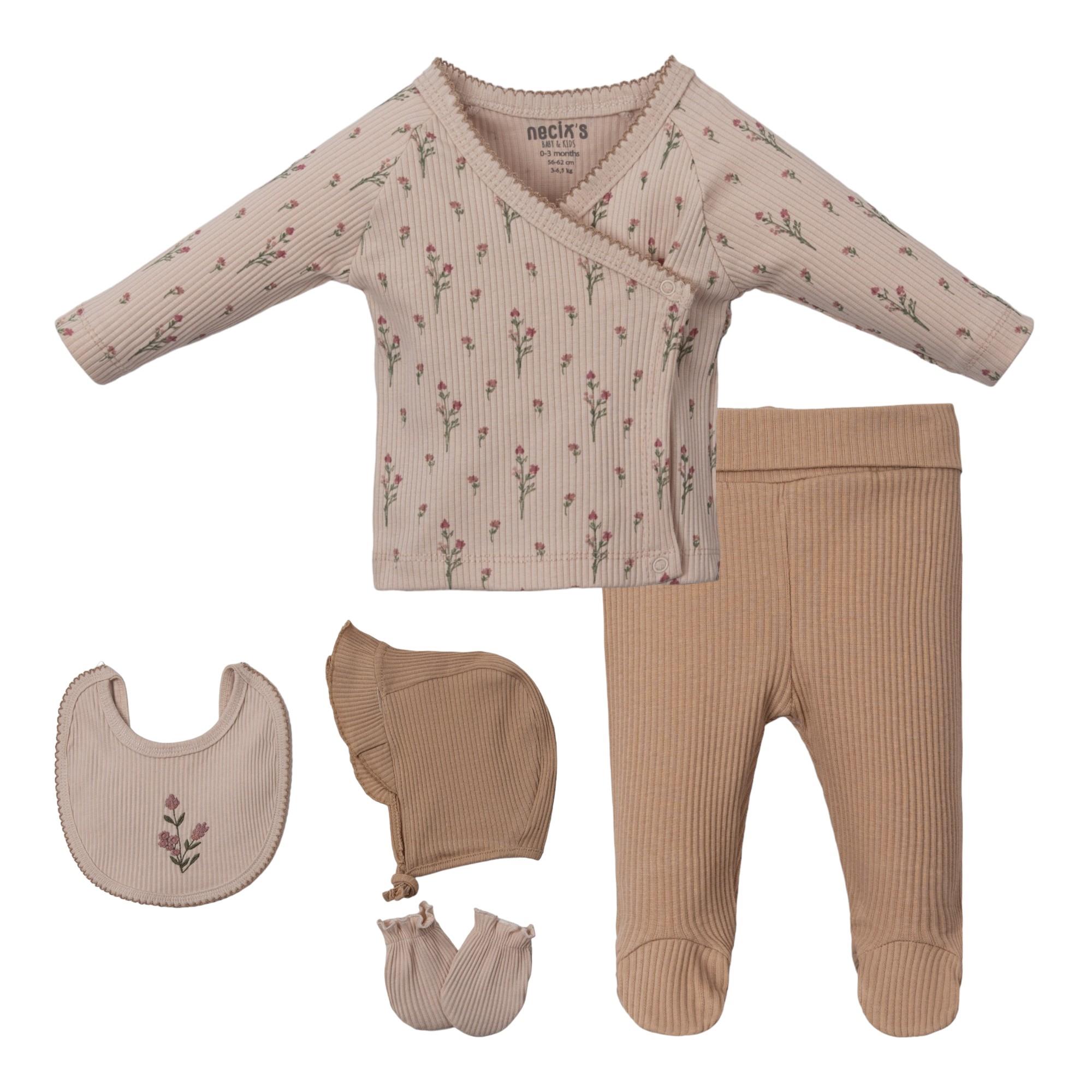 Cepli Çiçek Kız Bebek Hastane Çıkışı Beşli Set