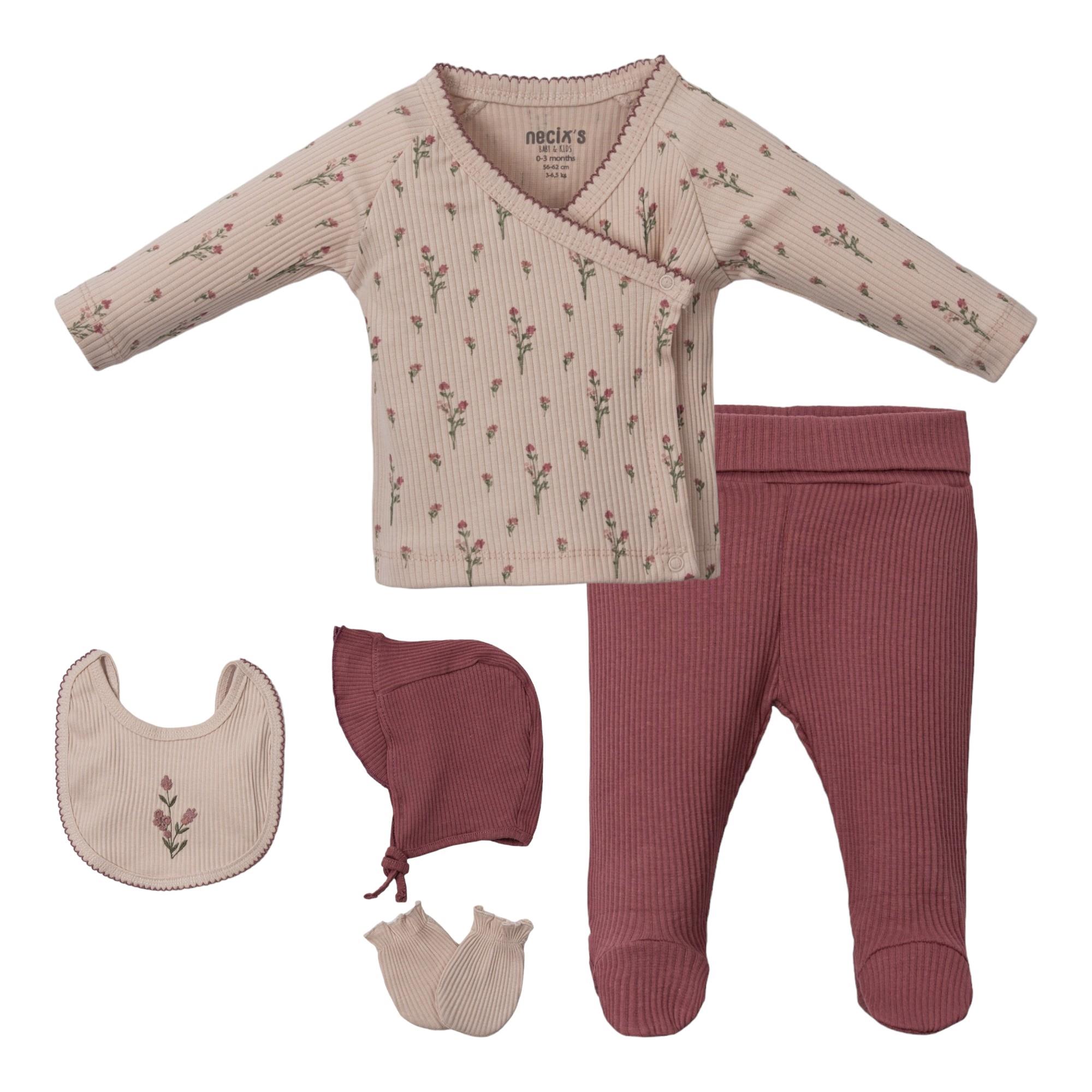 Cepli Çiçek Kız Bebek Hastane Çıkışı Beşli Set