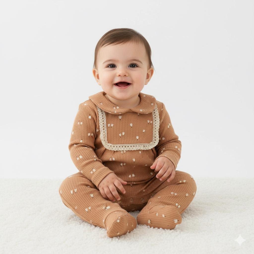Chic Girl Çiçek Desenli Dantel Detaylı Kız Bebek Örme Tulum