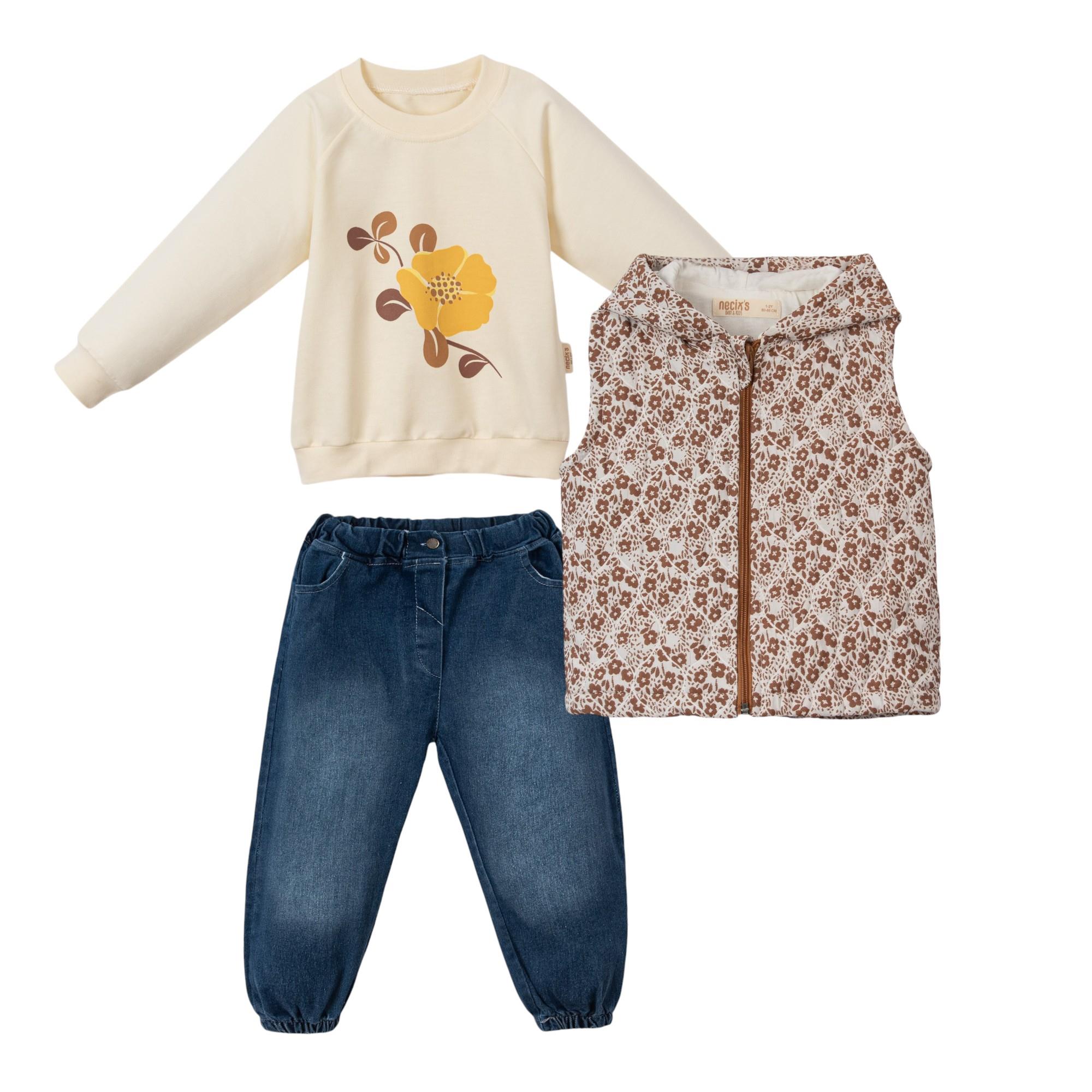 Çiçek Desenli Kız Bebek Şişme Yelekli Üçlü Takım