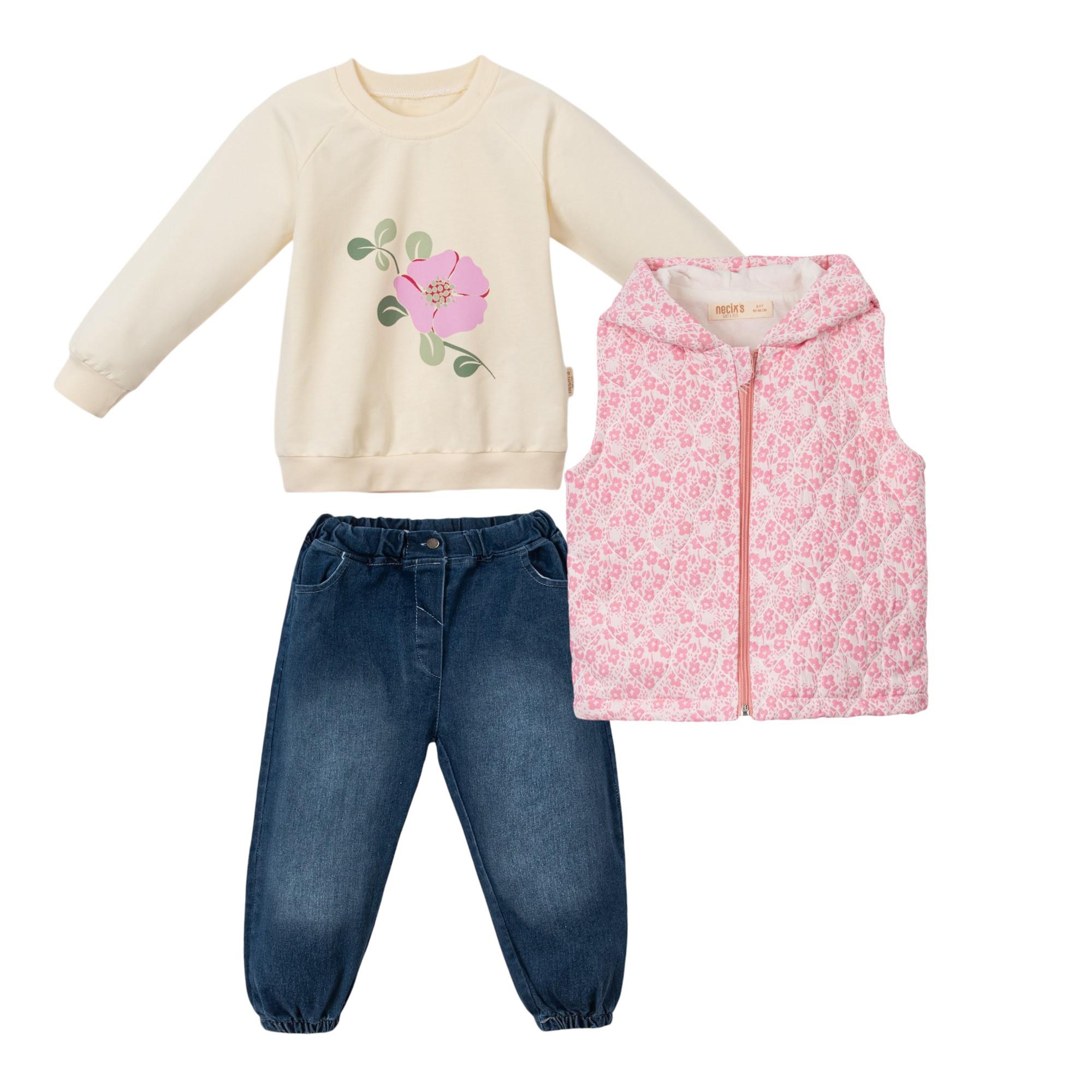 Çiçek Desenli Kız Bebek Şişme Yelekli Üçlü Takım