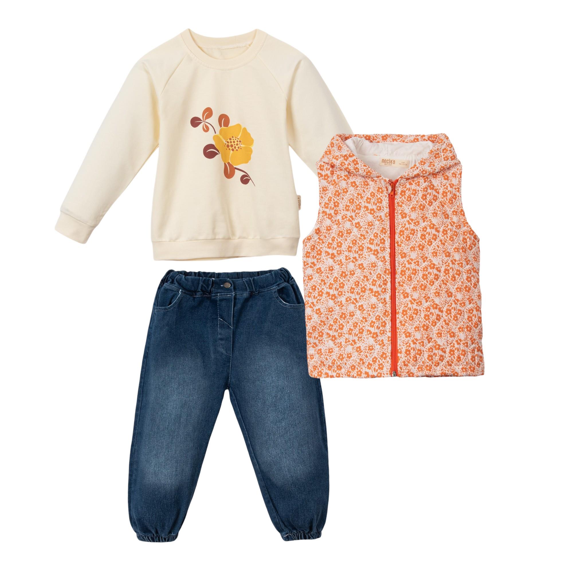 Çiçek Desenli Kız Bebek Şişme Yelekli Üçlü Takım