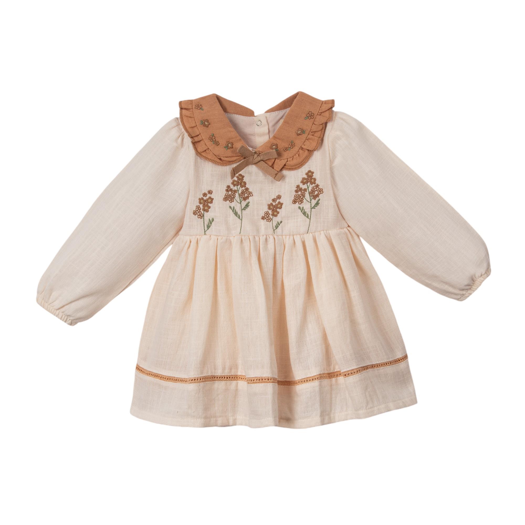 Çiçek Nakışlı Keten Bebek Elbise