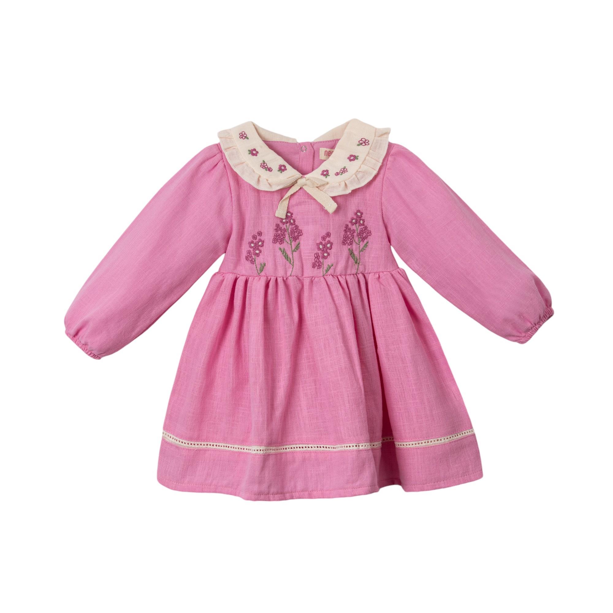 Çiçek Nakışlı Keten Bebek Elbise