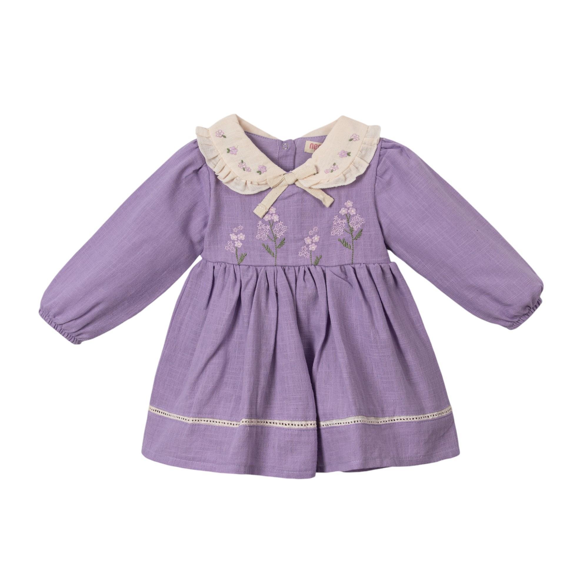 Çiçek Nakışlı Keten Bebek Elbise