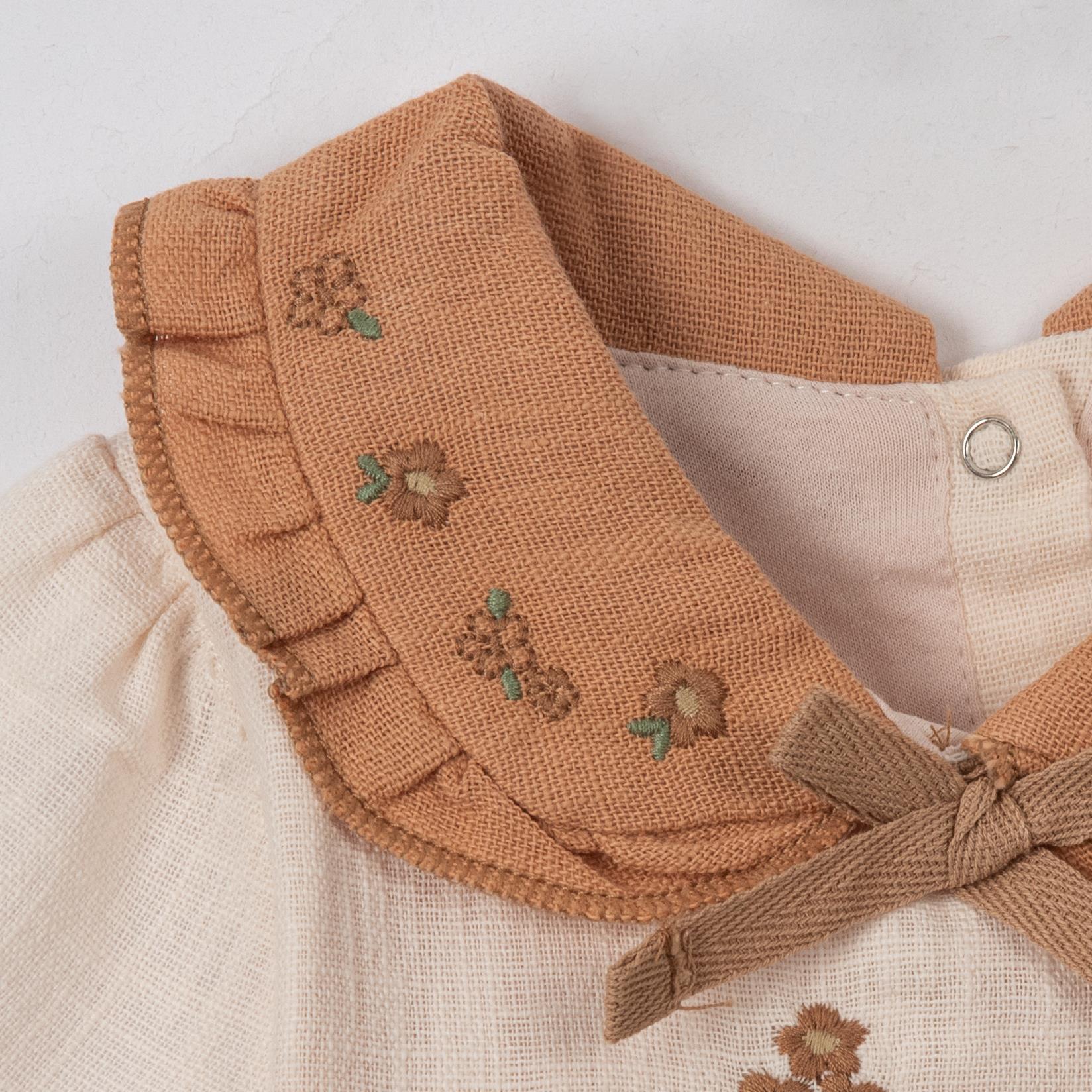 Çiçek Nakışlı Keten Bebek Elbise