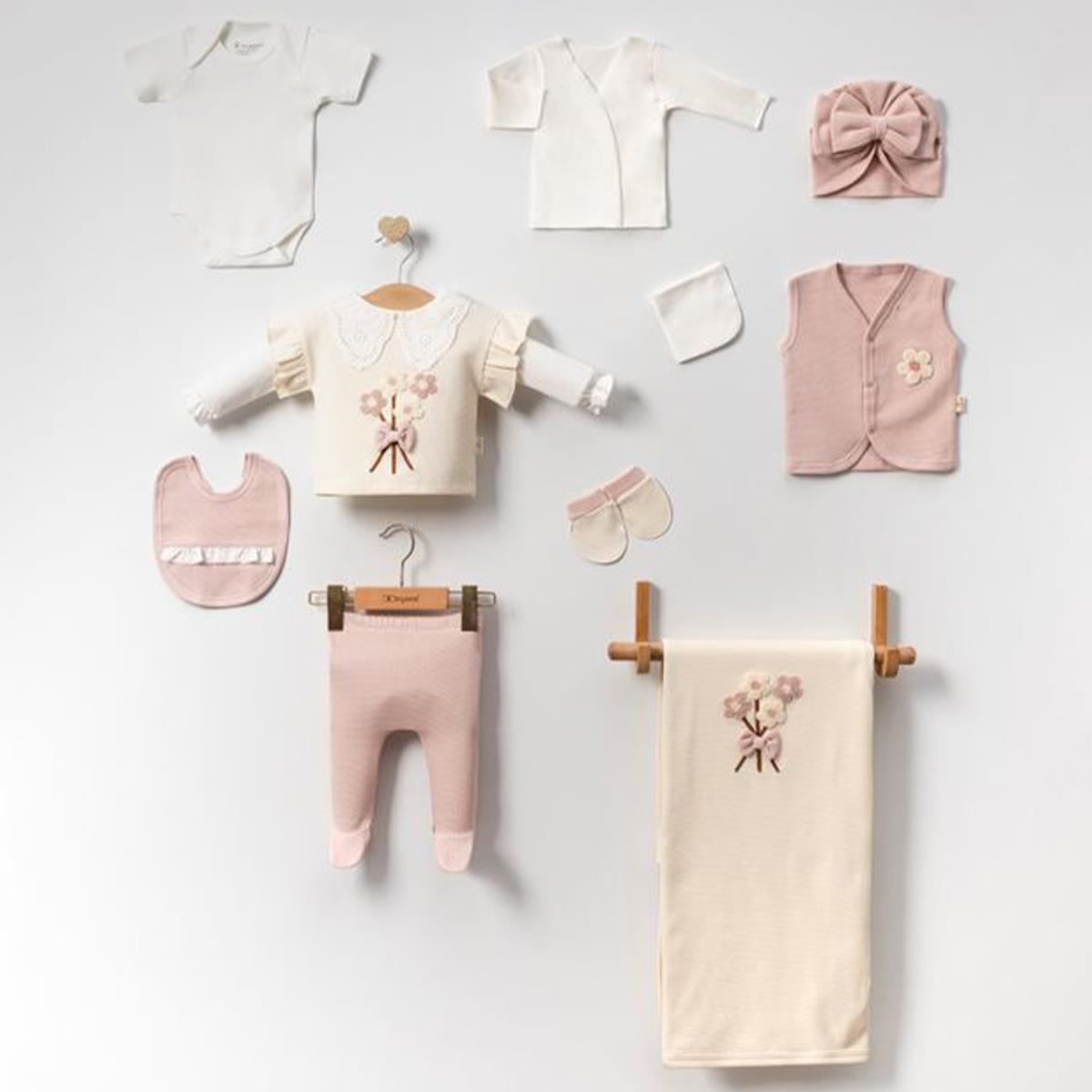 Çiçek Nakışlı Kız Bebek Onlu Hastane Çıkış Seti