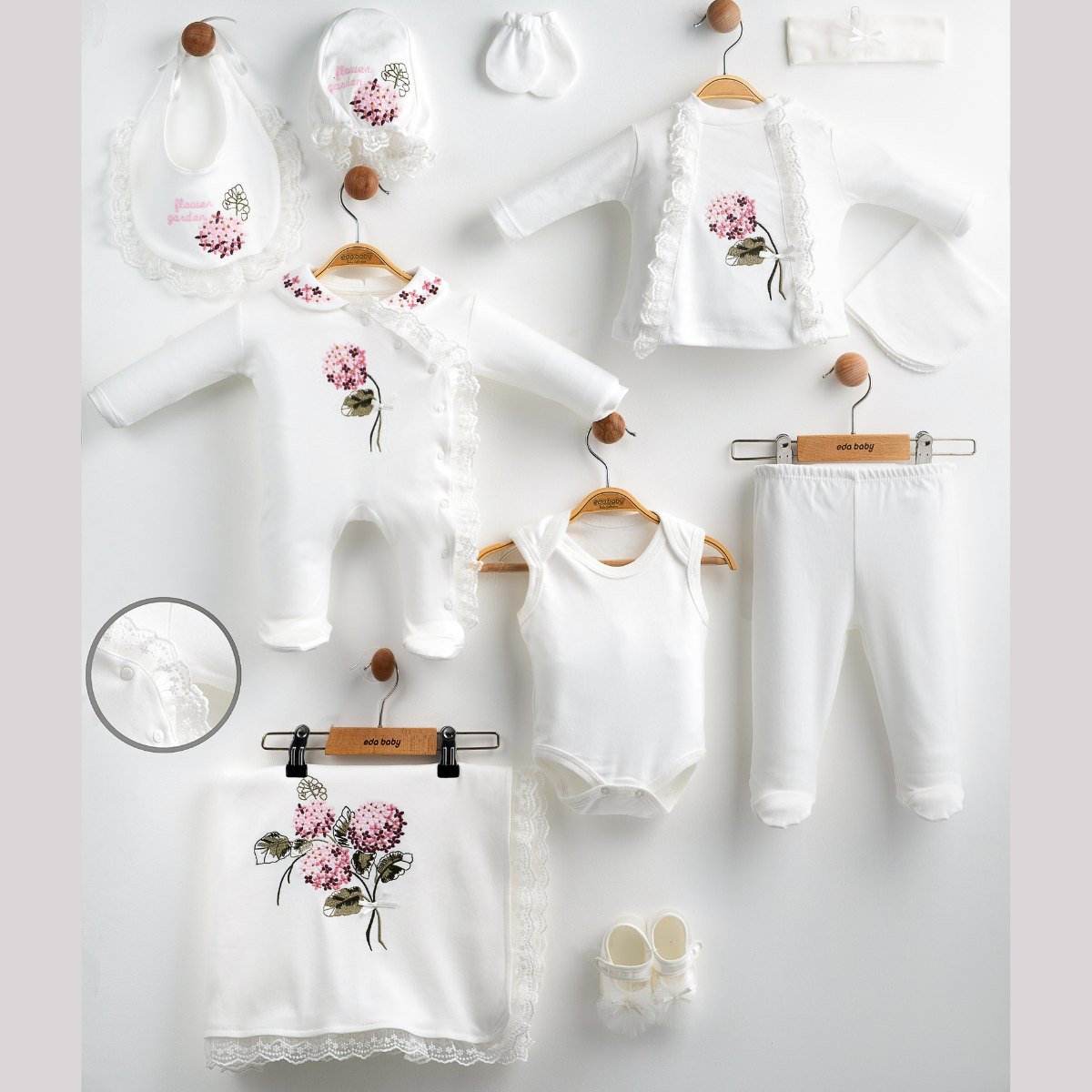 Çiçek Nakışlı Kız Bebek Onlu Hastane Çıkış Set