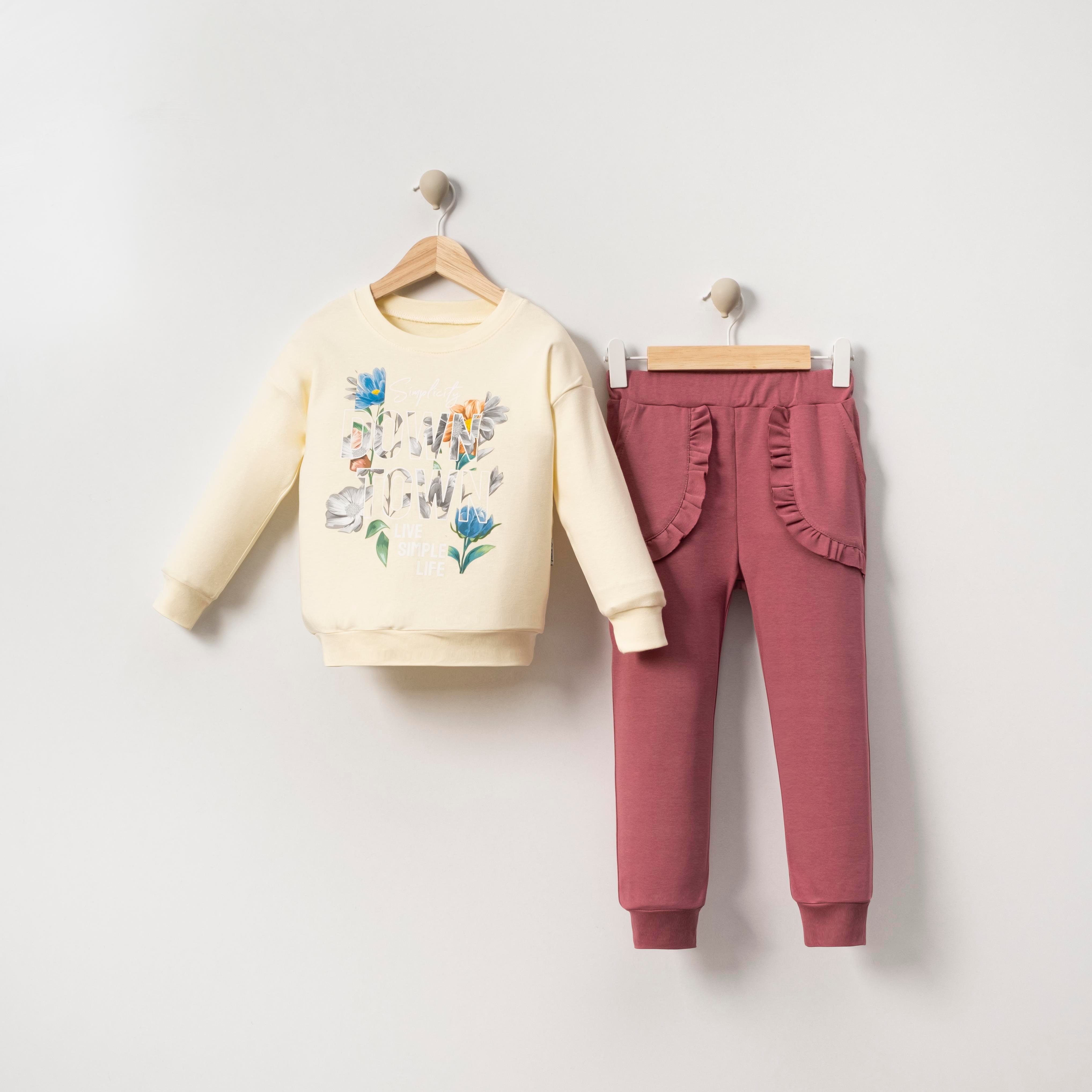 Çiçek Ve Yazı Baskılı Kız Çocuk İkili Takım