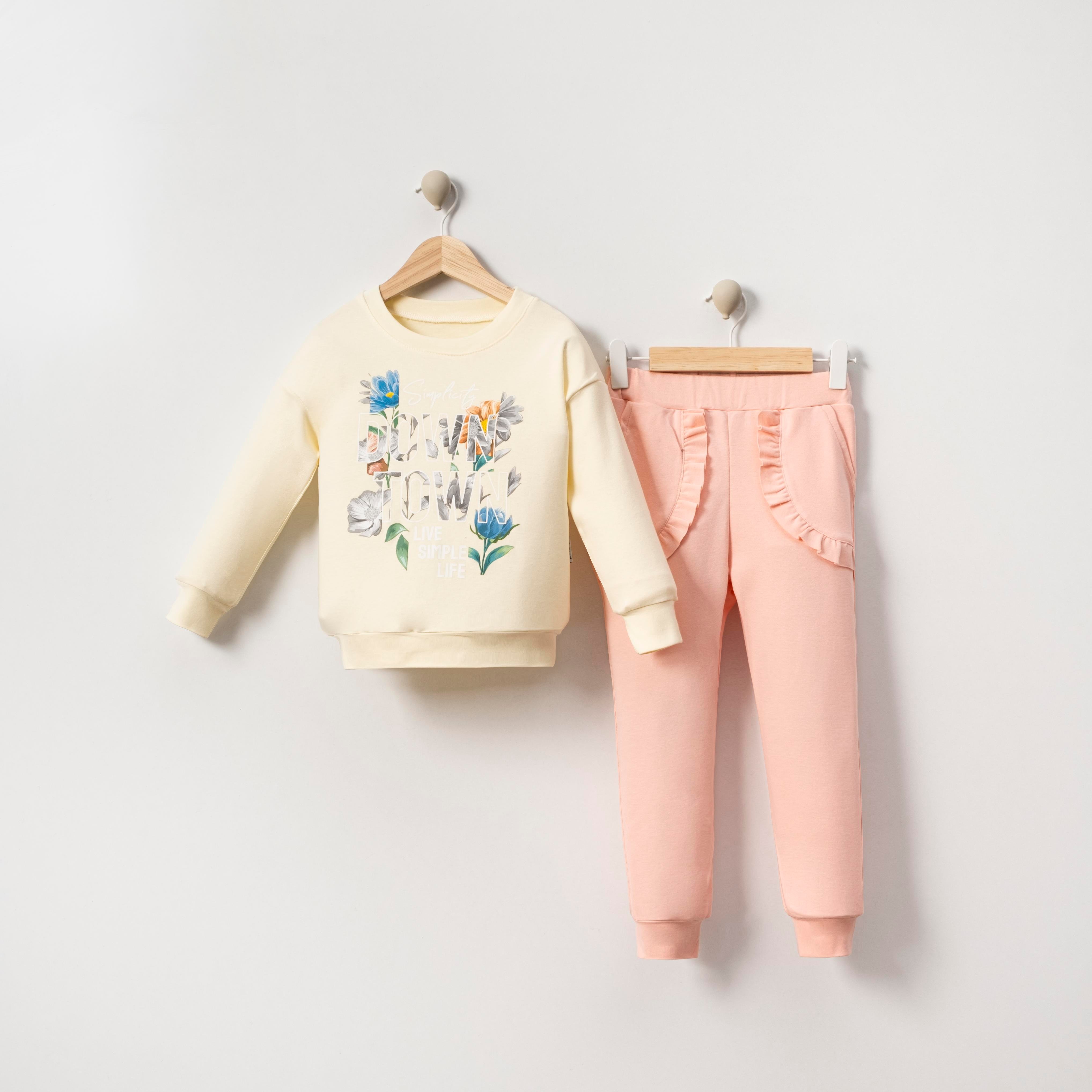 Çiçek Ve Yazı Baskılı Kız Çocuk İkili Takım