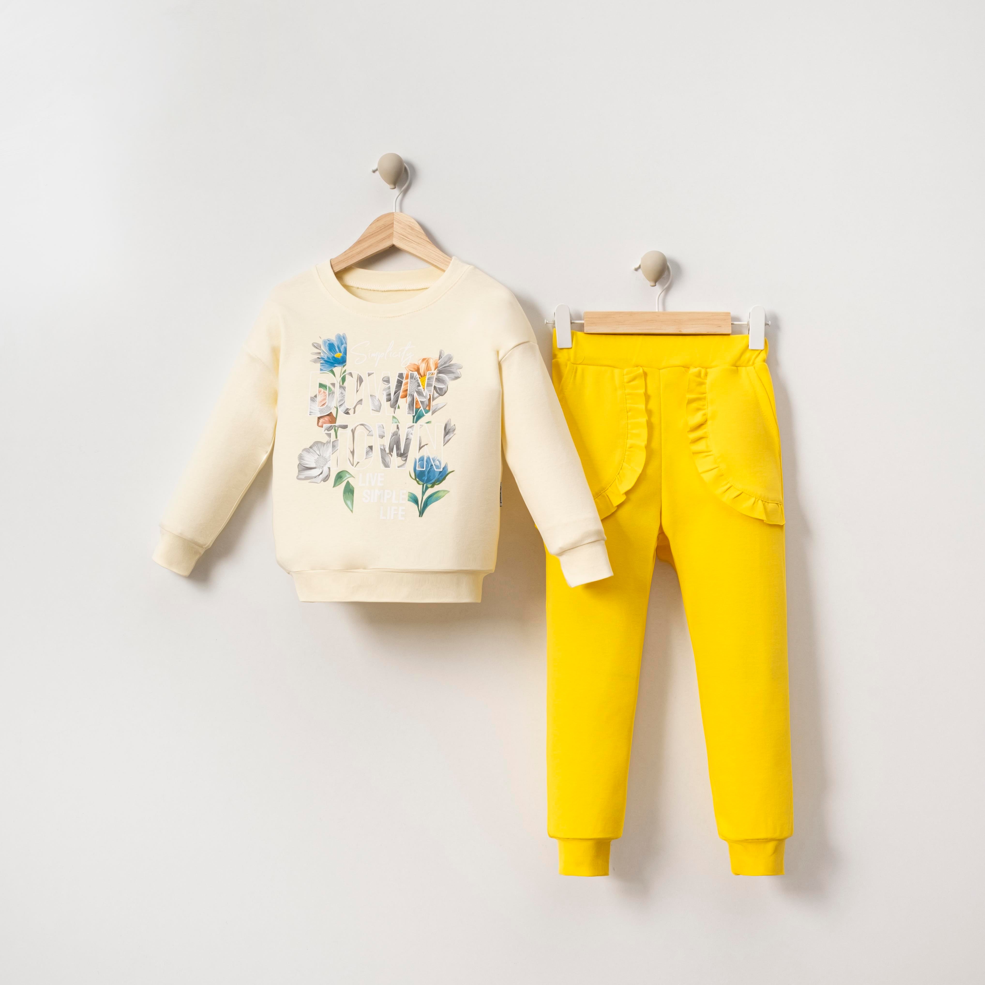 Çiçek Ve Yazı Baskılı Kız Çocuk İkili Takım