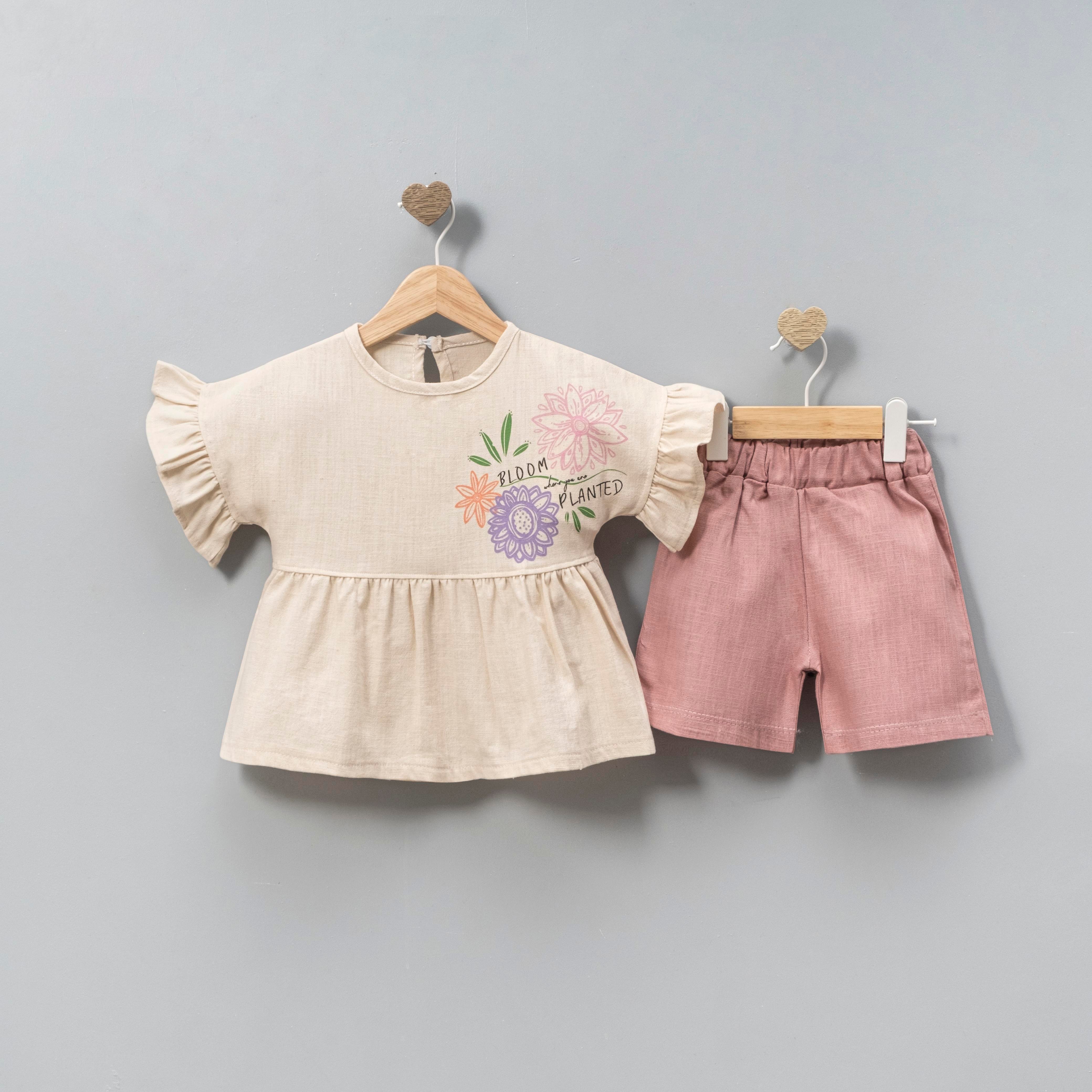 CİCİBEN KIZ BEBEK ÇİÇEK BASKILI ŞORTLU TAKIM 6-24 M