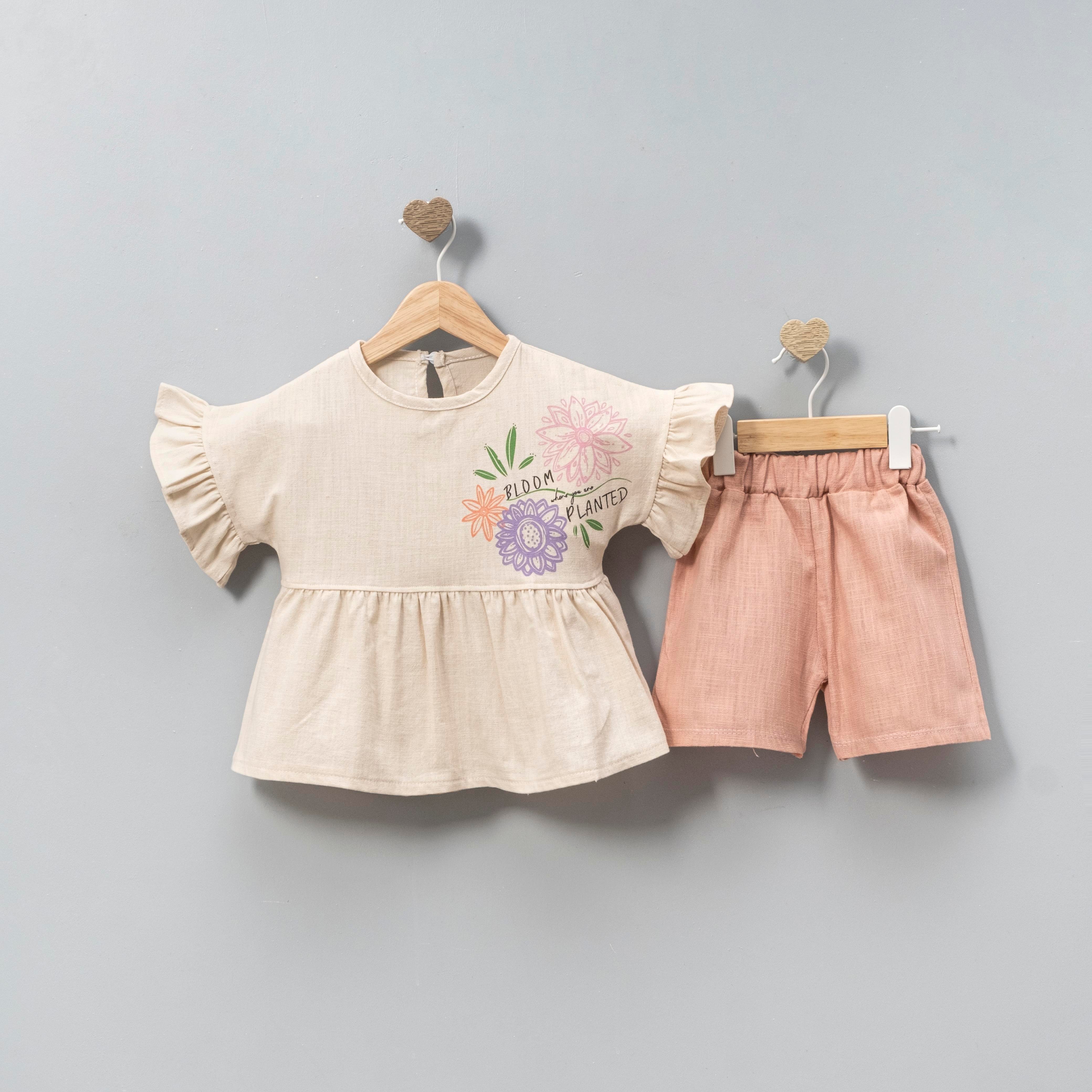 CİCİBEN KIZ BEBEK ÇİÇEK BASKILI ŞORTLU TAKIM 6-24 M