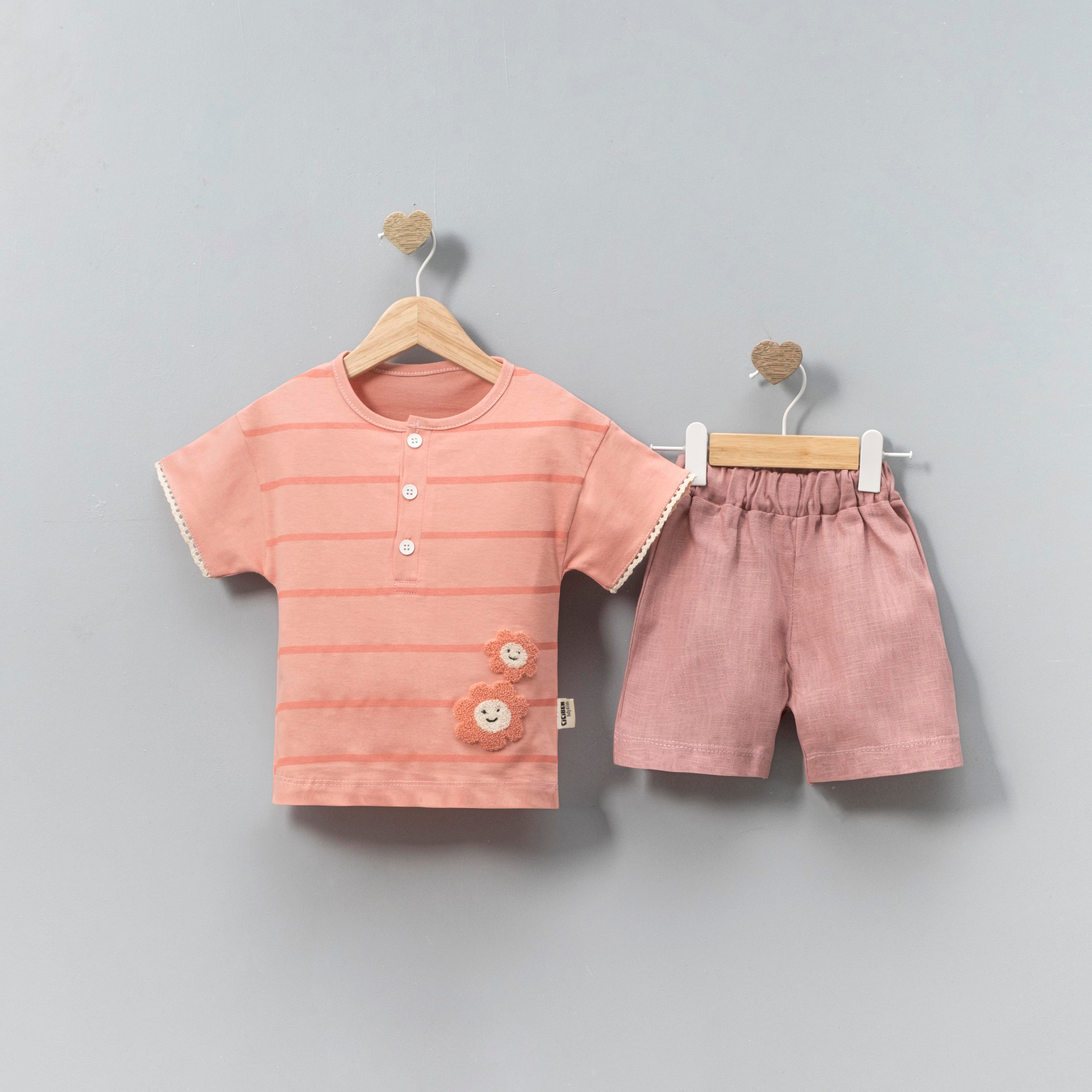 CİCİBEN KIZ BEBEK ÇİÇEK DETAYLI ŞORTLU TAKIM 6-24 M