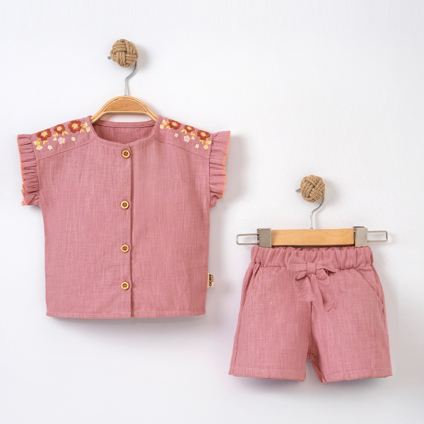 CİCİBEN KIZ BEBEK ÇİÇEK NAKIŞLI ŞOTLU TAKIM 6-24 M