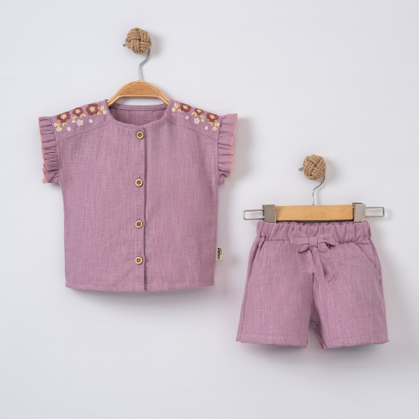 CİCİBEN KIZ BEBEK ÇİÇEK NAKIŞLI ŞOTLU TAKIM 6-24 M