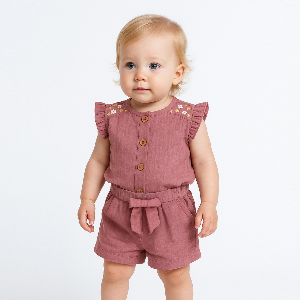 CİCİBEN KIZ BEBEK ÇİÇEK NAKIŞLI ŞOTLU TAKIM 6-24 M