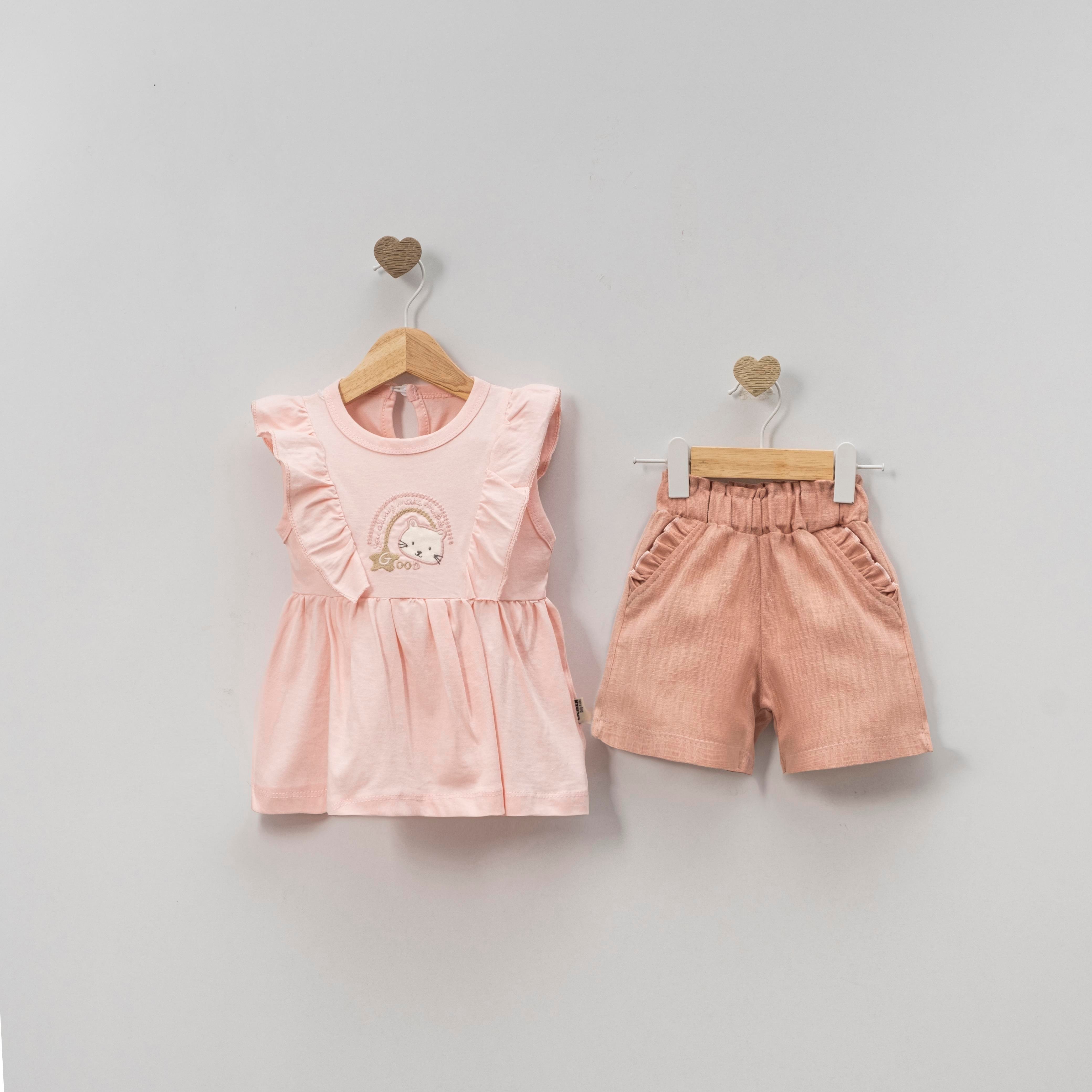 CİCİBEN KIZ BEBEK KEDİ NAKIŞLI ŞORTLU TAKIM 6-24 M