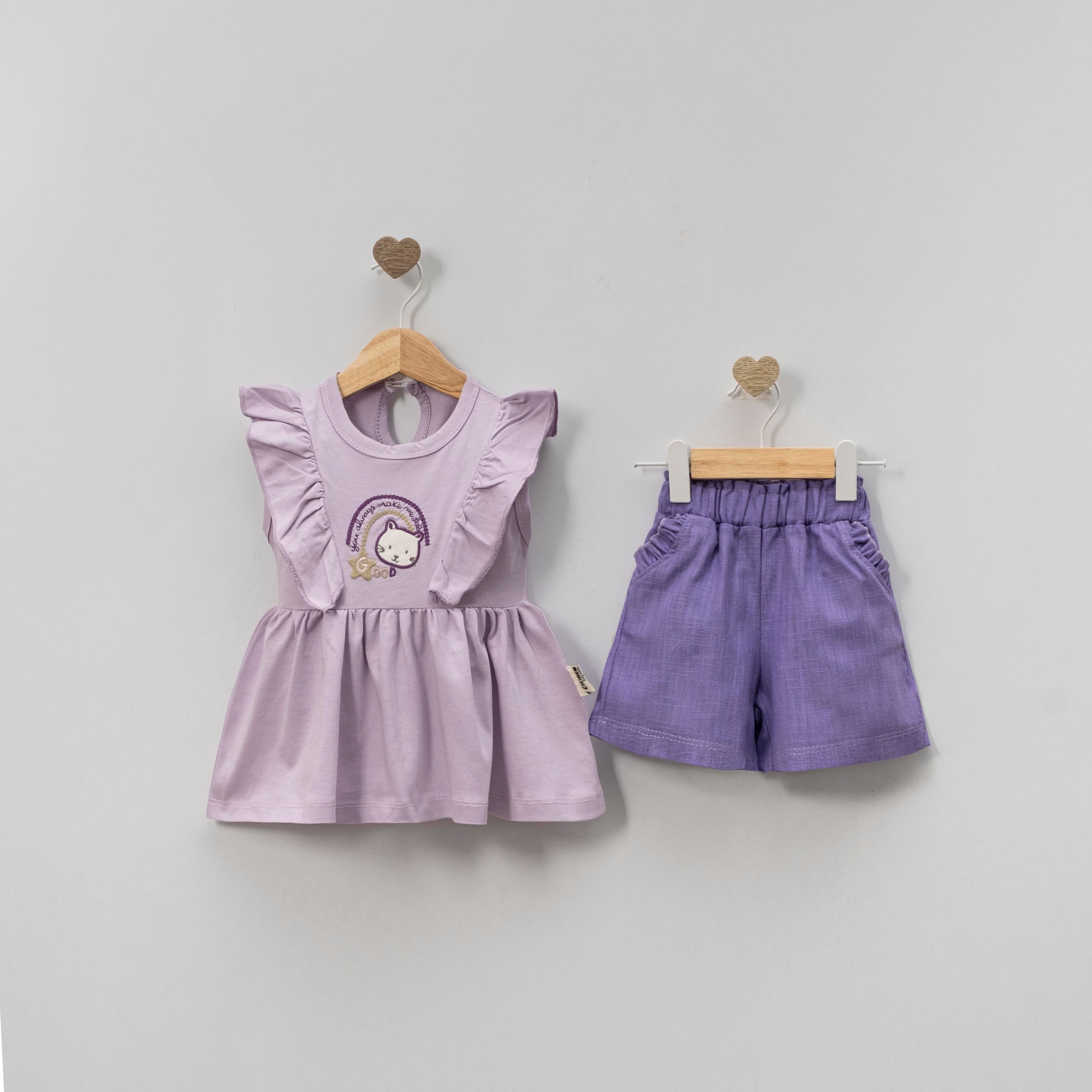 CİCİBEN KIZ BEBEK KEDİ NAKIŞLI ŞORTLU TAKIM 6-24 M