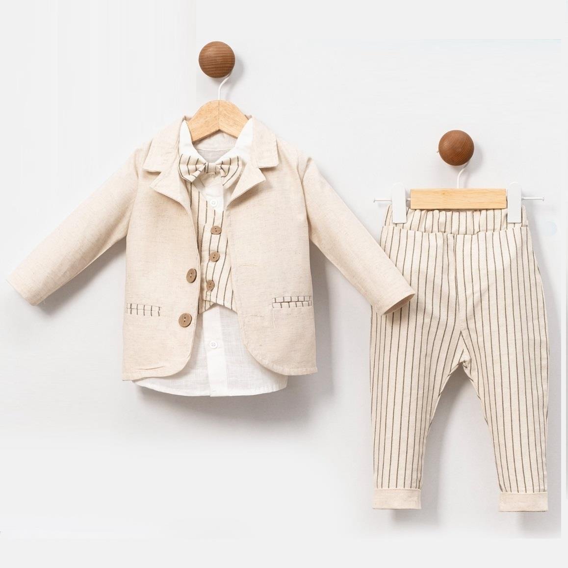 Çift Cepli Ceket Papyonlu Erkek Bebek Üçlü Takım