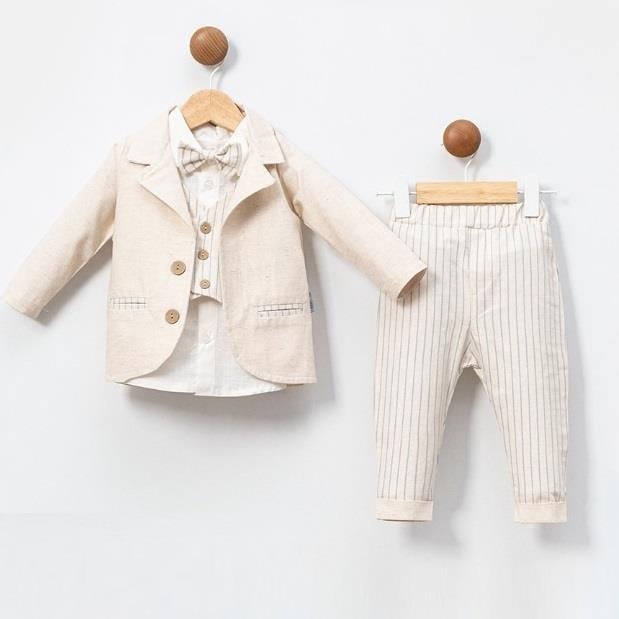 Çift Cepli Ceket Papyonlu Erkek Bebek Üçlü Takım