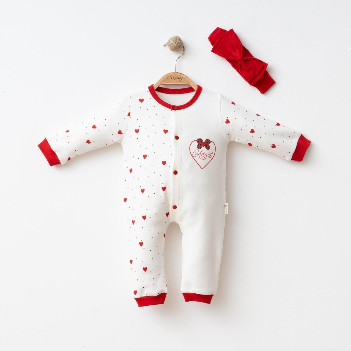 COŞAY BABY FİYONKLU KALP BASKILI TULUM