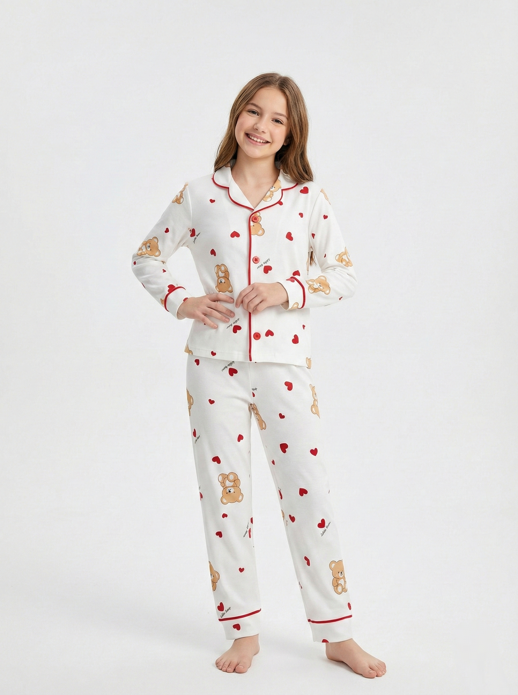 DOLAŞ KİDS UNİSEX ÇOCUK AYICIK KALPLİ  PİJAMA TAKIMI