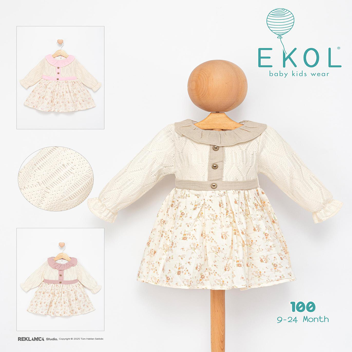EKOL BABY ÇİÇEK ETEKLİ ÖNÜ ROBALI KIZ BEBEK ELBİSE