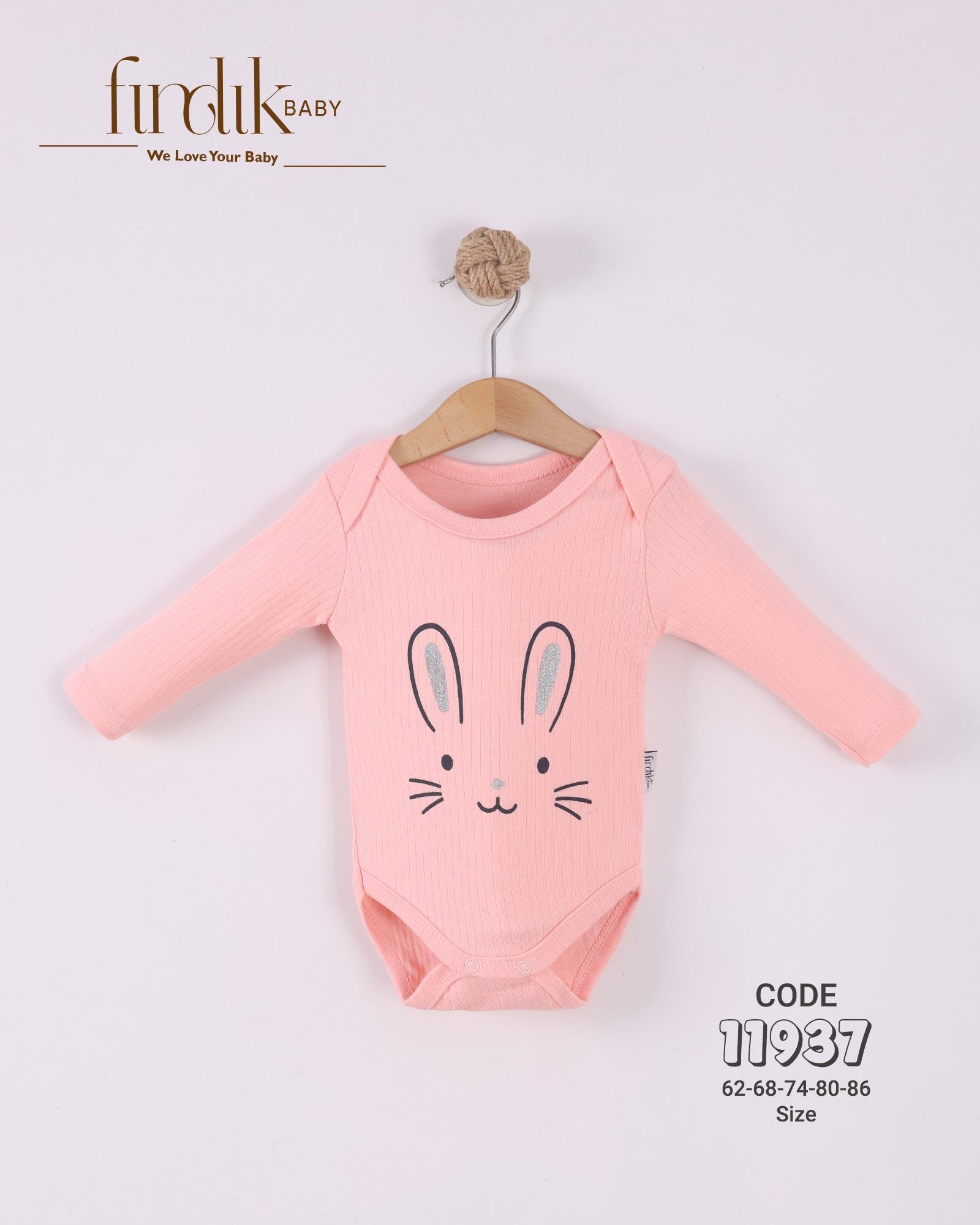 FINDIK BEBE TAVŞAN BASKILI KIZ BEBEK UZUN KOL BADİ