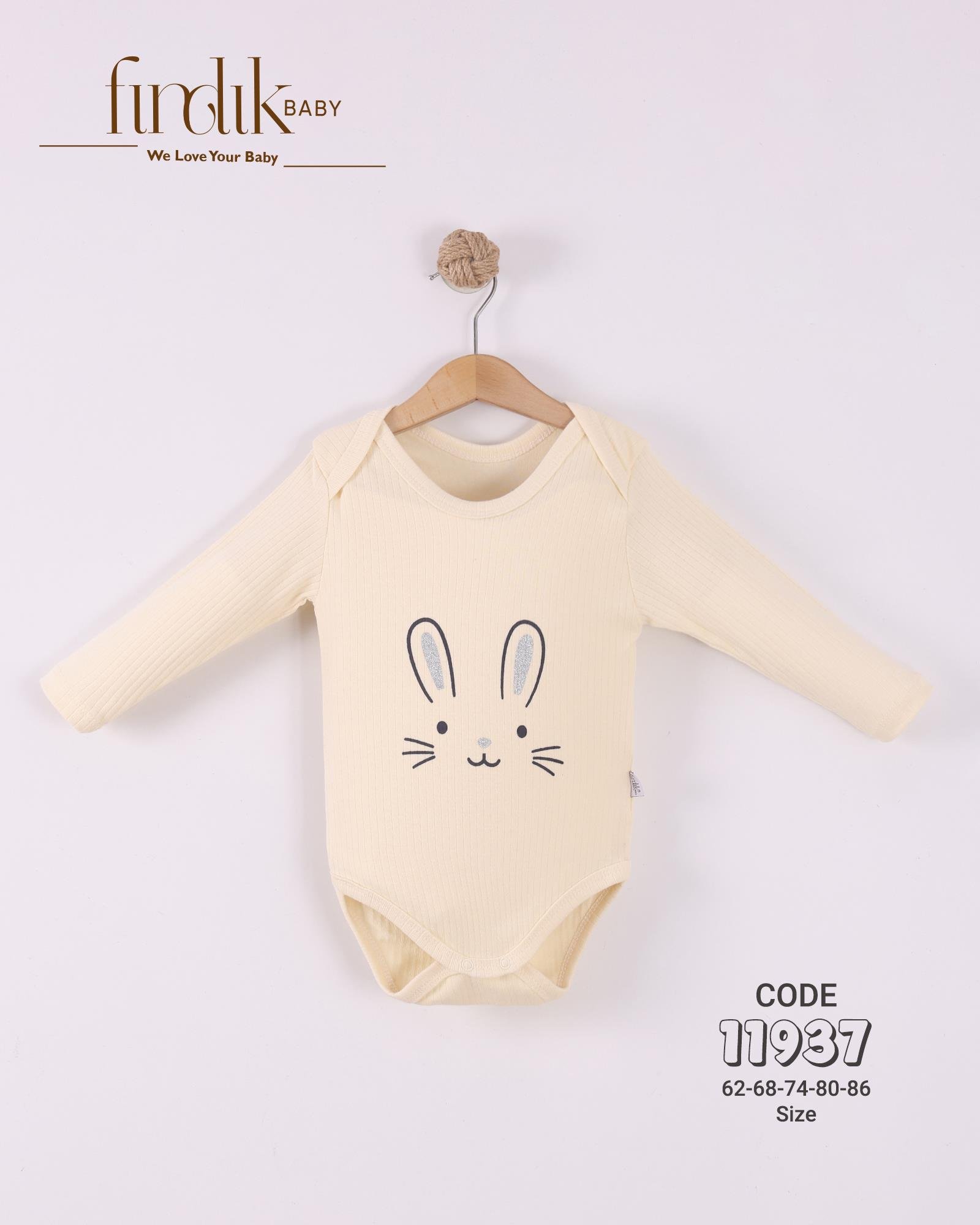 FINDIK BEBE TAVŞAN BASKILI KIZ BEBEK UZUN KOL BADİ