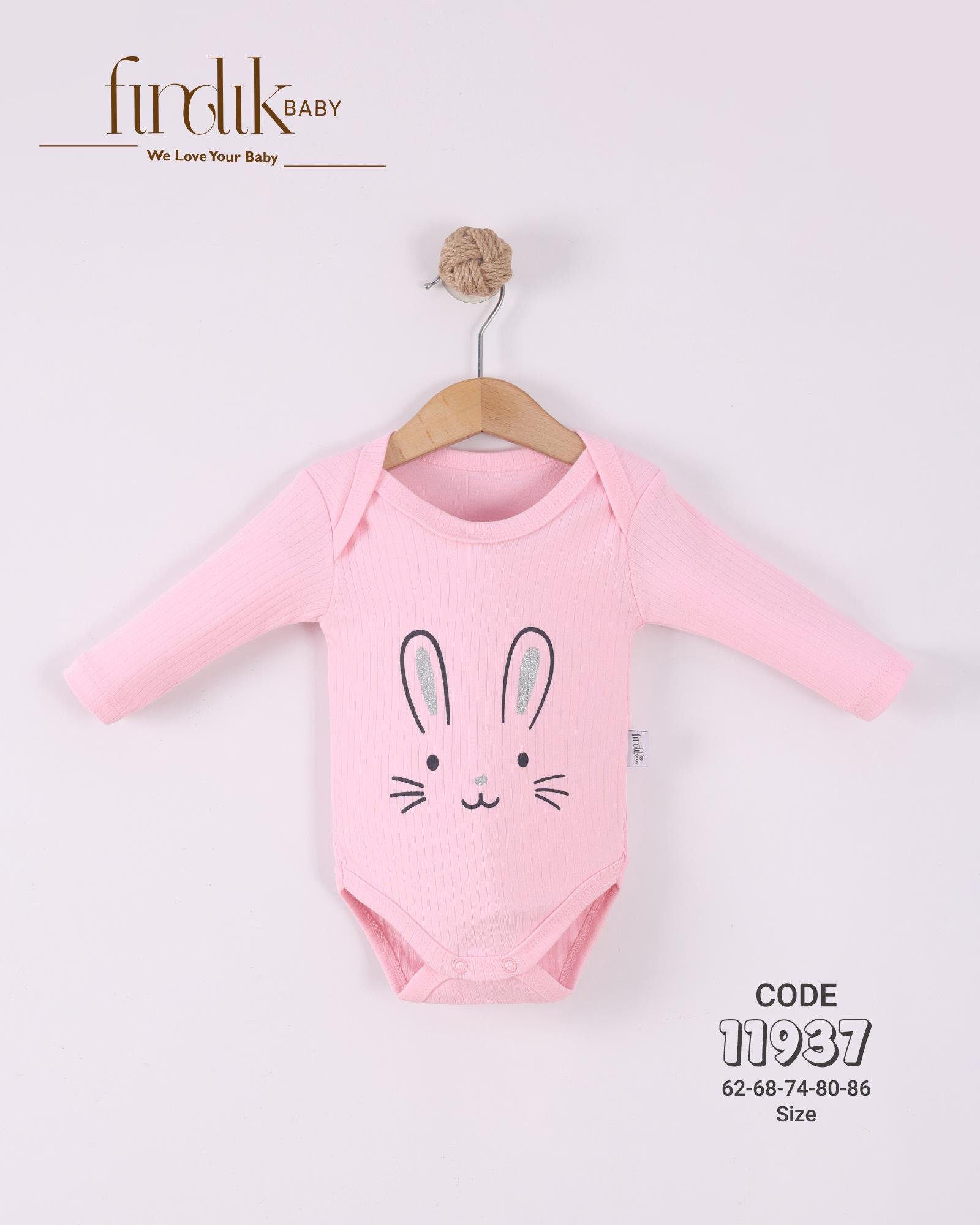 FINDIK BEBE TAVŞAN BASKILI KIZ BEBEK UZUN KOL BADİ