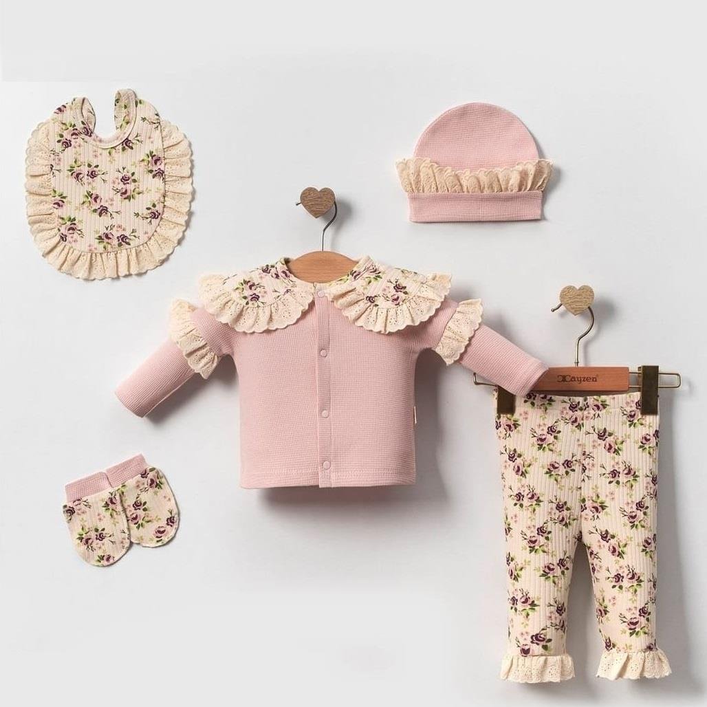 Fırfırlı Gül Baskılı Kız Bebek Beşli Hastane Çıkış Seti