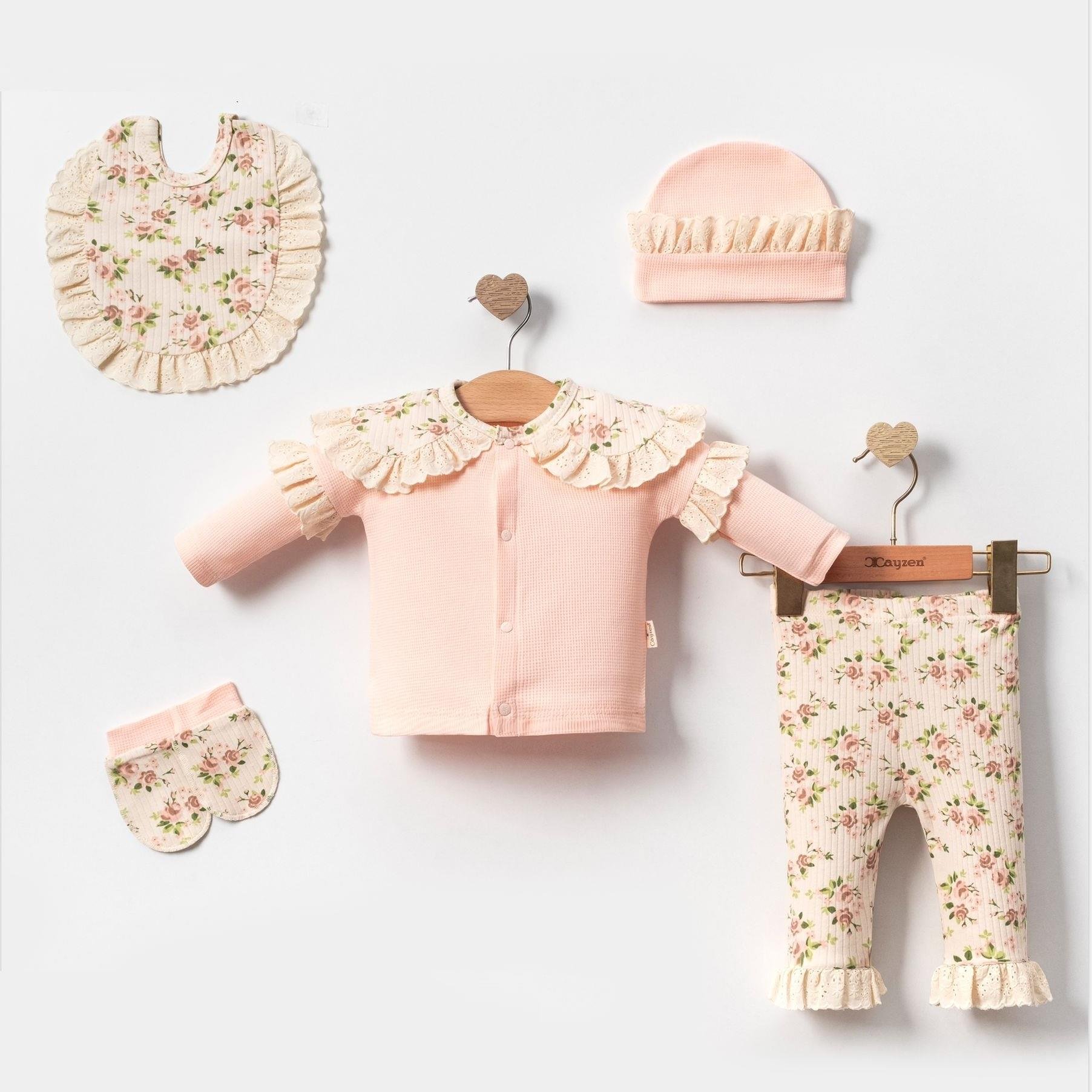 Fırfırlı Gül Baskılı Kız Bebek Beşli Hastane Çıkış Seti