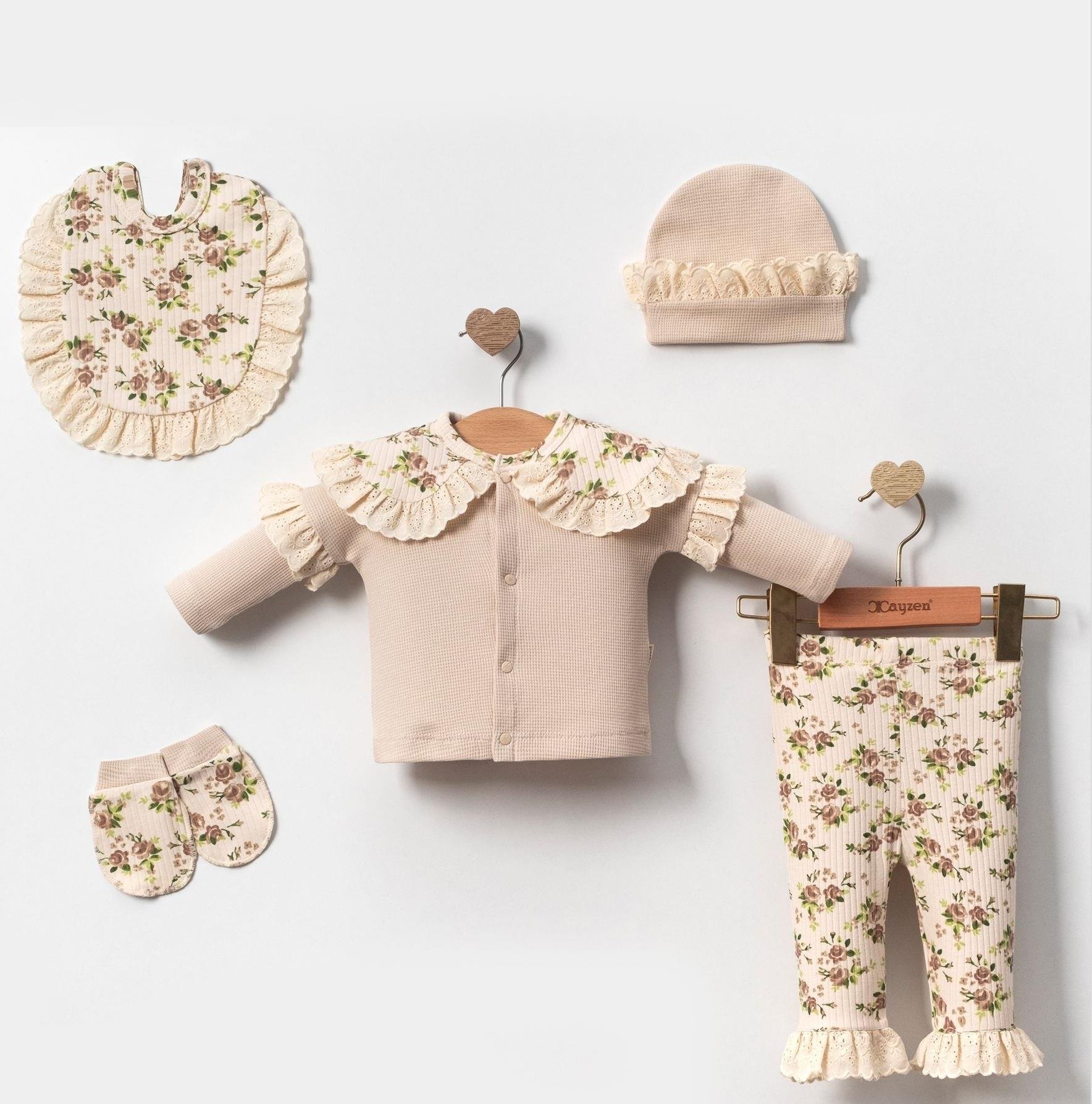 Fırfırlı Gül Baskılı Kız Bebek Beşli Hastane Çıkış Seti