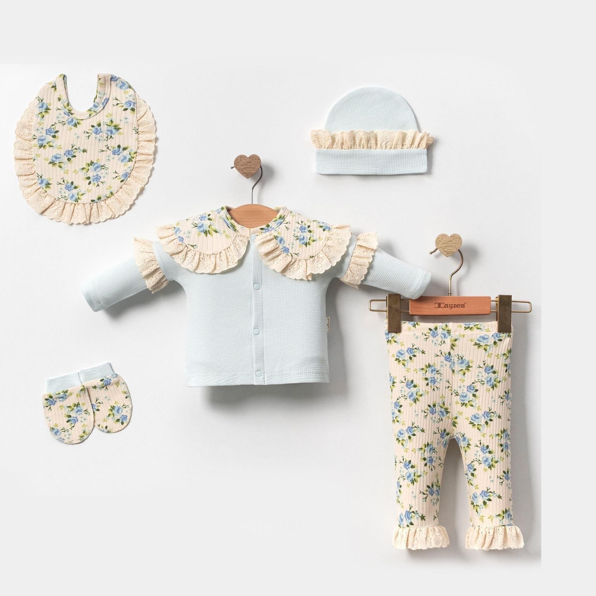 Fırfırlı Gül Baskılı Kız Bebek Beşli Hastane Çıkış Seti