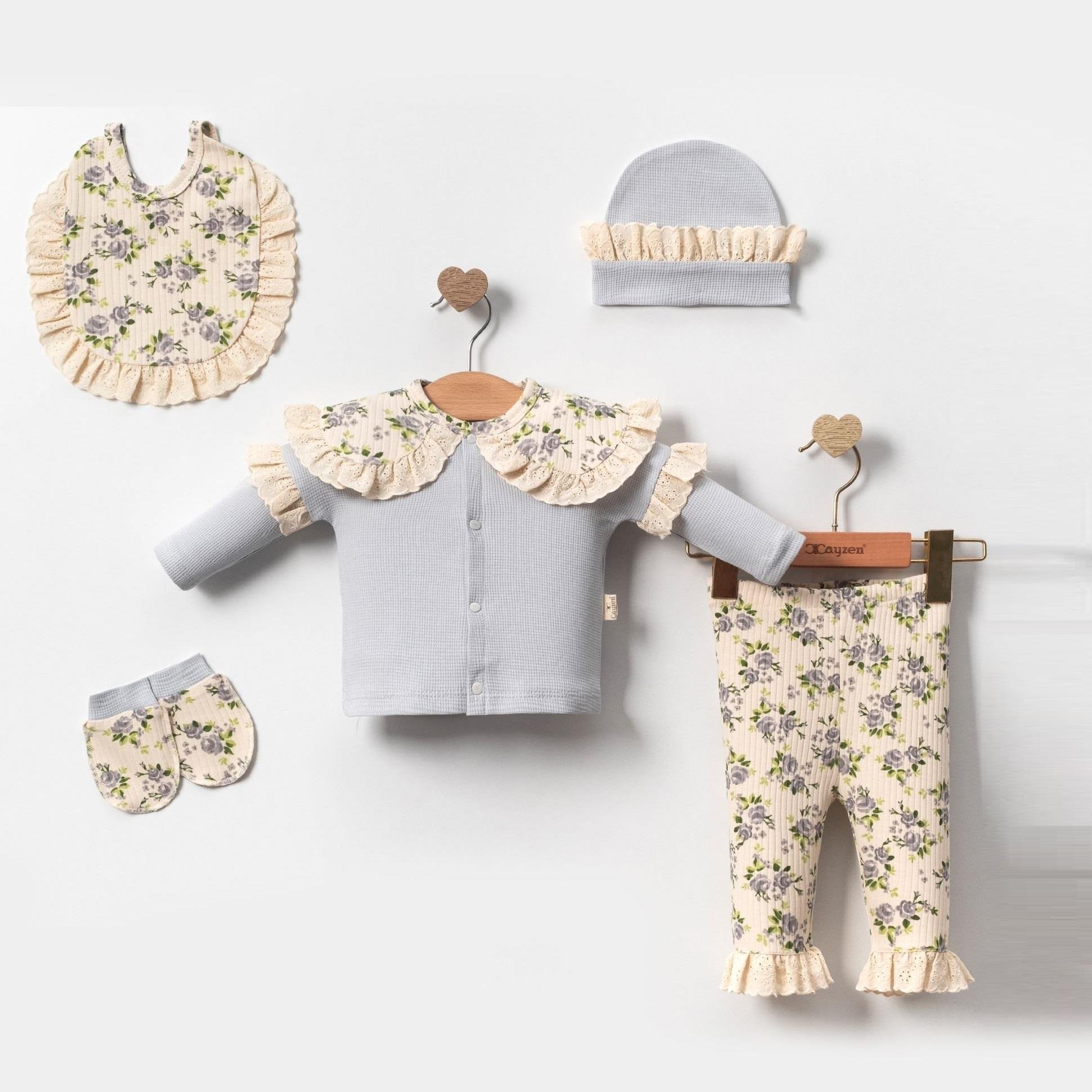 Fırfırlı Gül Baskılı Kız Bebek Beşli Hastane Çıkış Seti