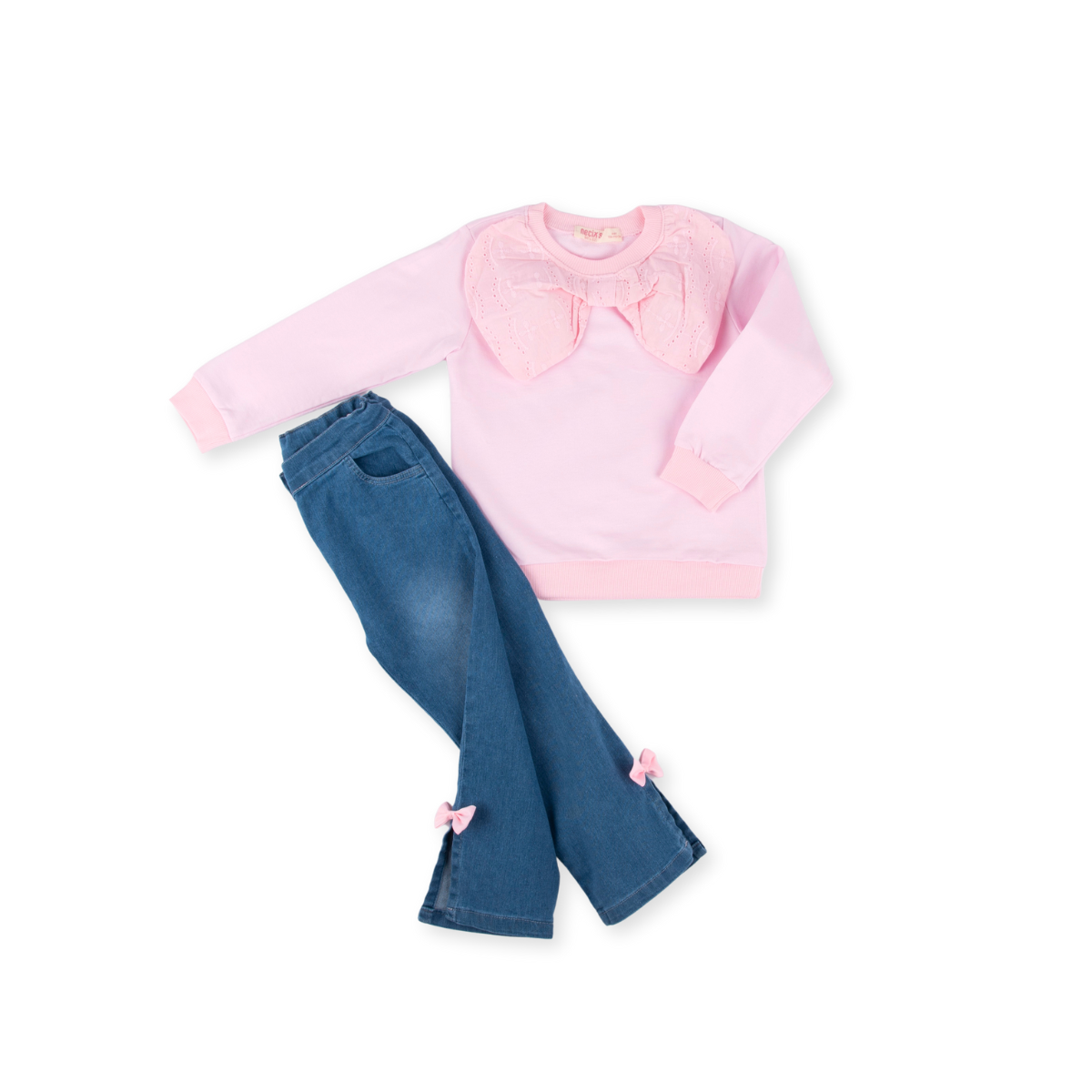 Fiyonk Detaylı Kız Çocuk Kot Pantolonlu İkili Takım