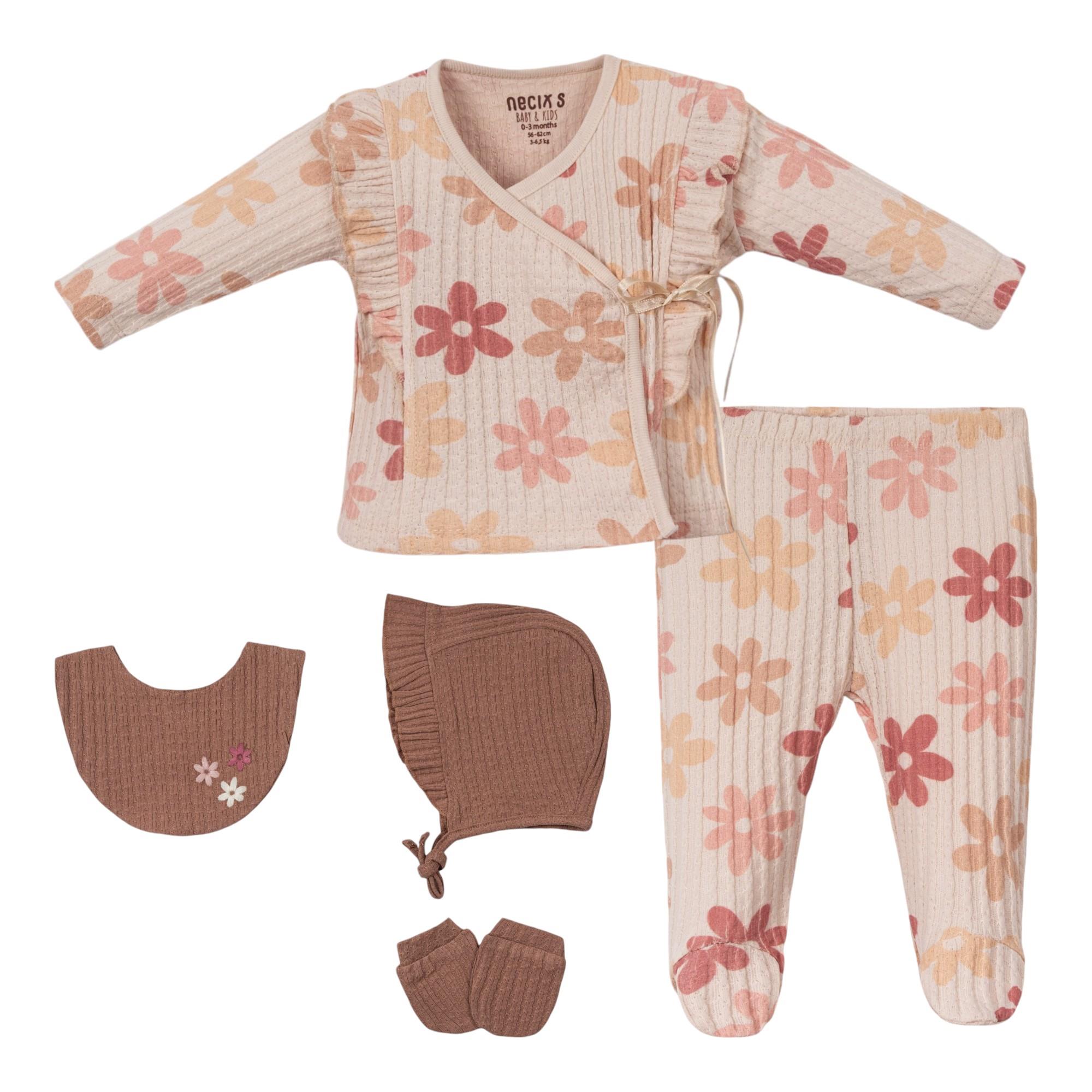 Furuna Çiçek Baskılı Kız Bebek Hastane Çıkışı Beşli Set