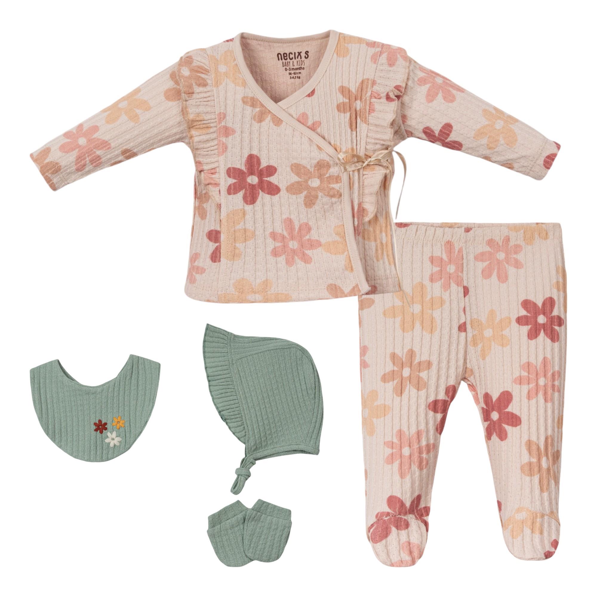 Furuna Çiçek Baskılı Kız Bebek Hastane Çıkışı Beşli Set