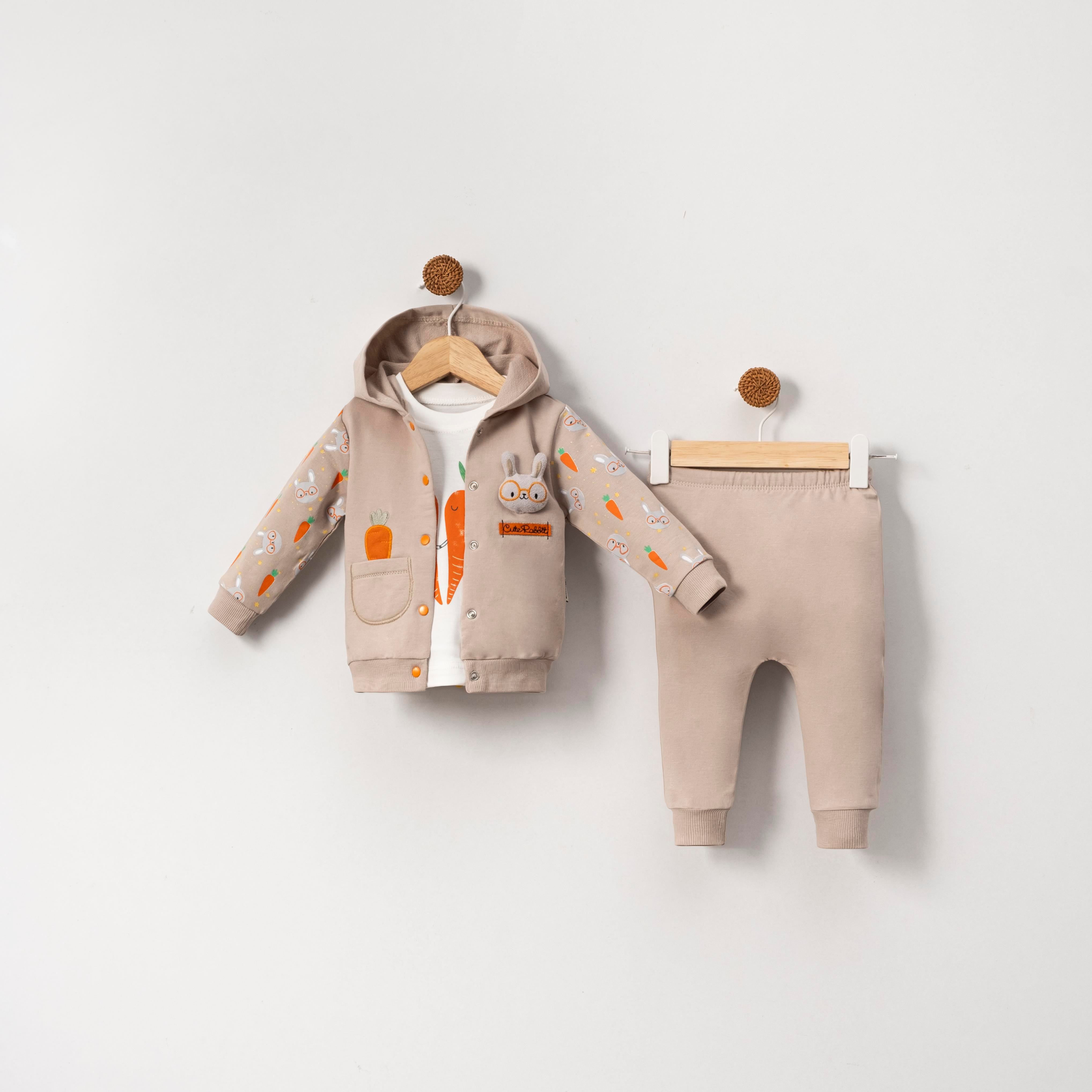 KİDSERİA HAVUÇ BASKILI KAPÜŞONLU 10 LU ERKEK BEBEK 3 LÜ TAKIM