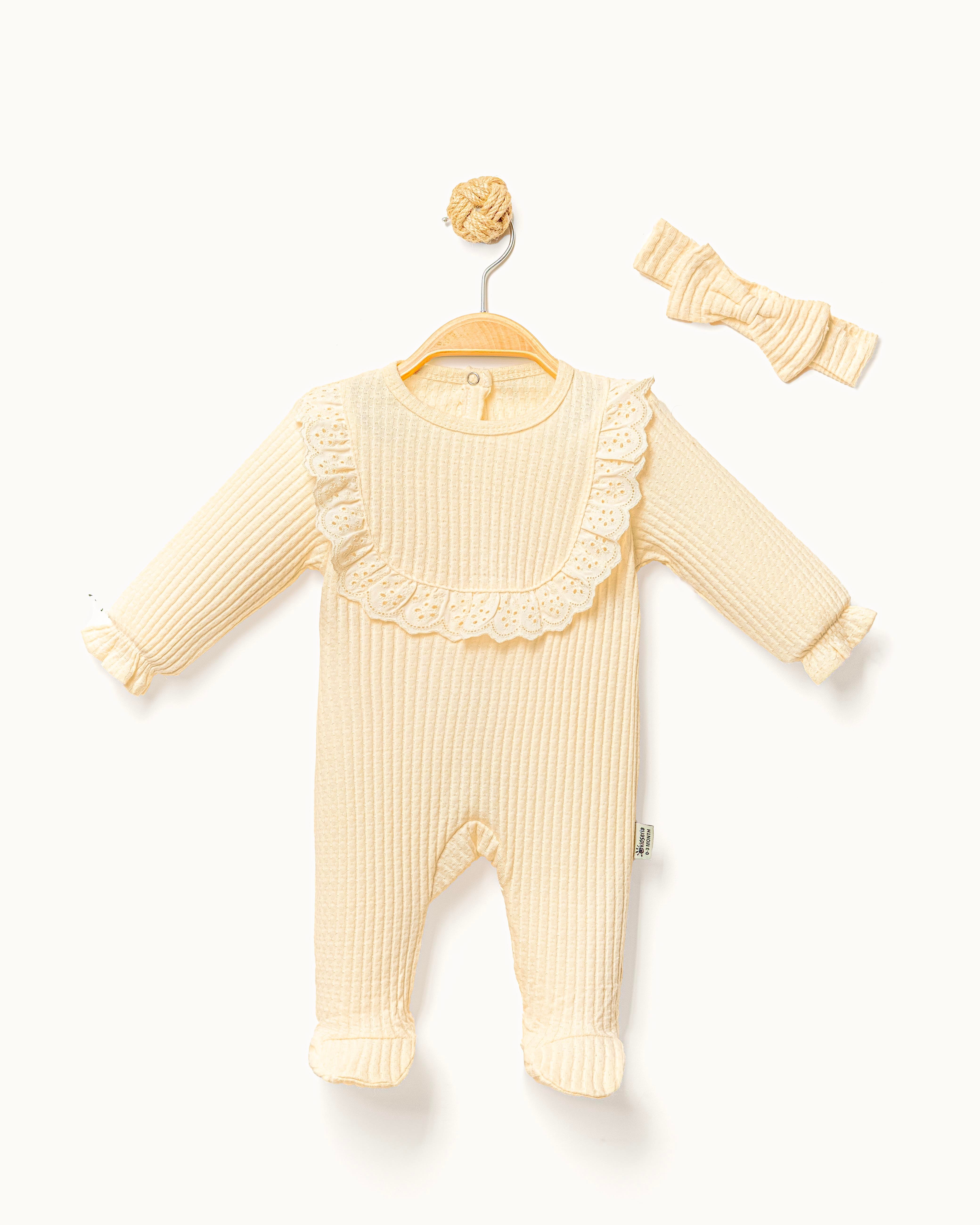 KİDSERİA JAKAR KUMAŞ FİSTO DETAYLI KIZ BEBEK TULUM